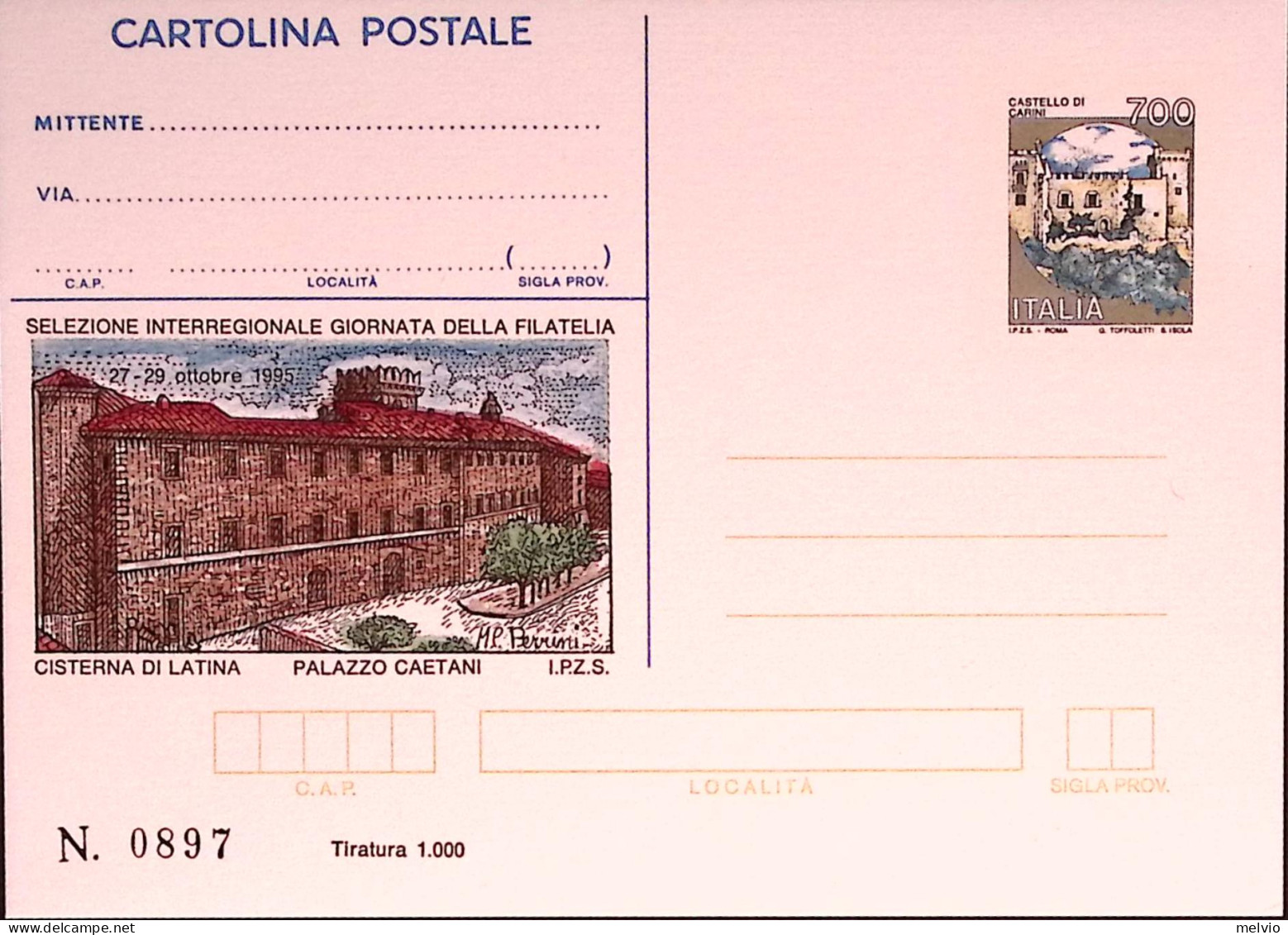 1995-CISTERNA DI LATINA Cartolina Postale IPZS Lire 700 Nuova - Interi Postali