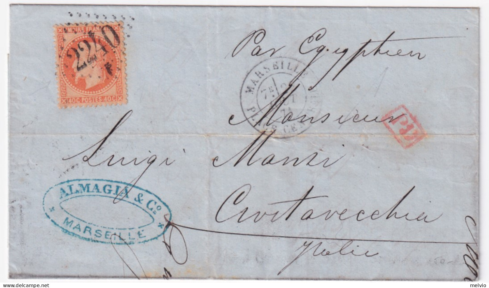 1871-Francia C.40 Su Soprasritta Marsiglia (22.8) Per Civitavecchia, Manoscritto - Sonstige & Ohne Zuordnung