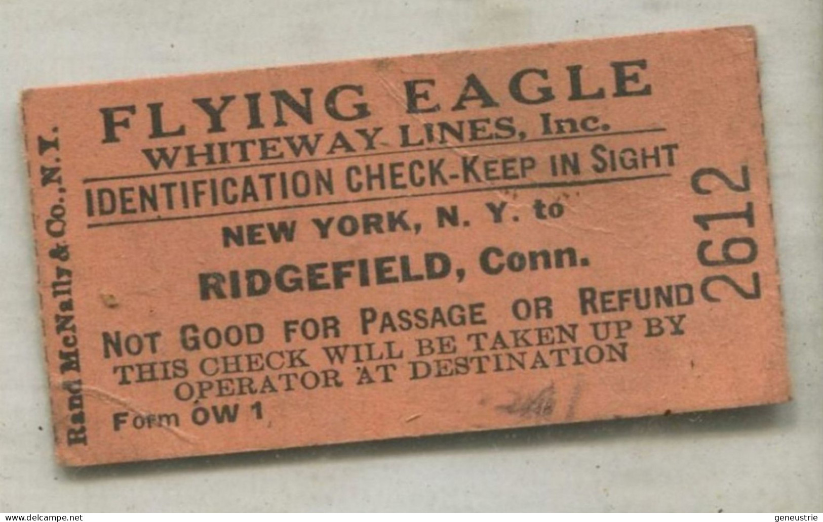 Ancien Ticket De Bus "Flying Eagle Whiteway Lines - New York To Ridgefield" Etats-Unis - United States - Mundo