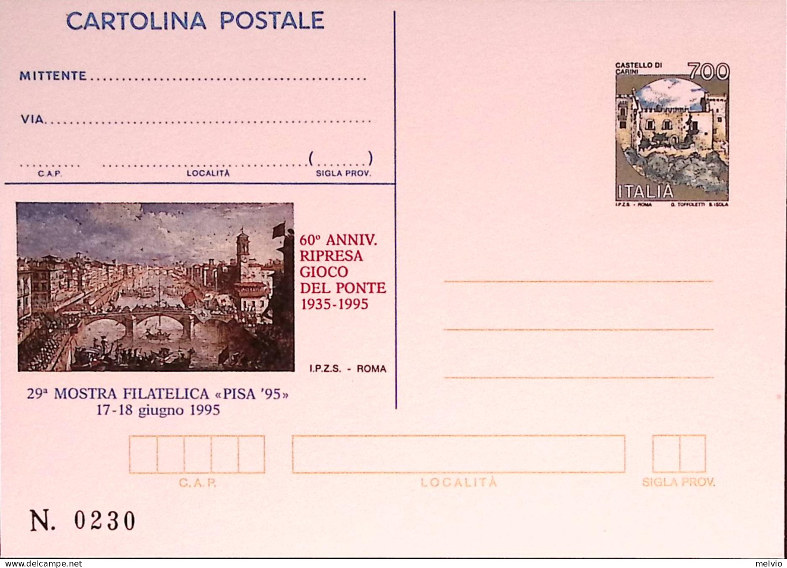 1995-PISA-GIOCO PONTE Cartolina Postale IPZS Lire 700 Nuova - Interi Postali