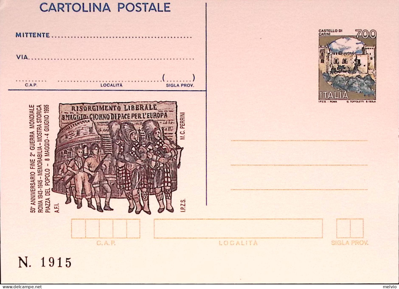 1995-FINE 2 G.M. Cartolina Postale IPZS Lire 700 Nuova - Entero Postal