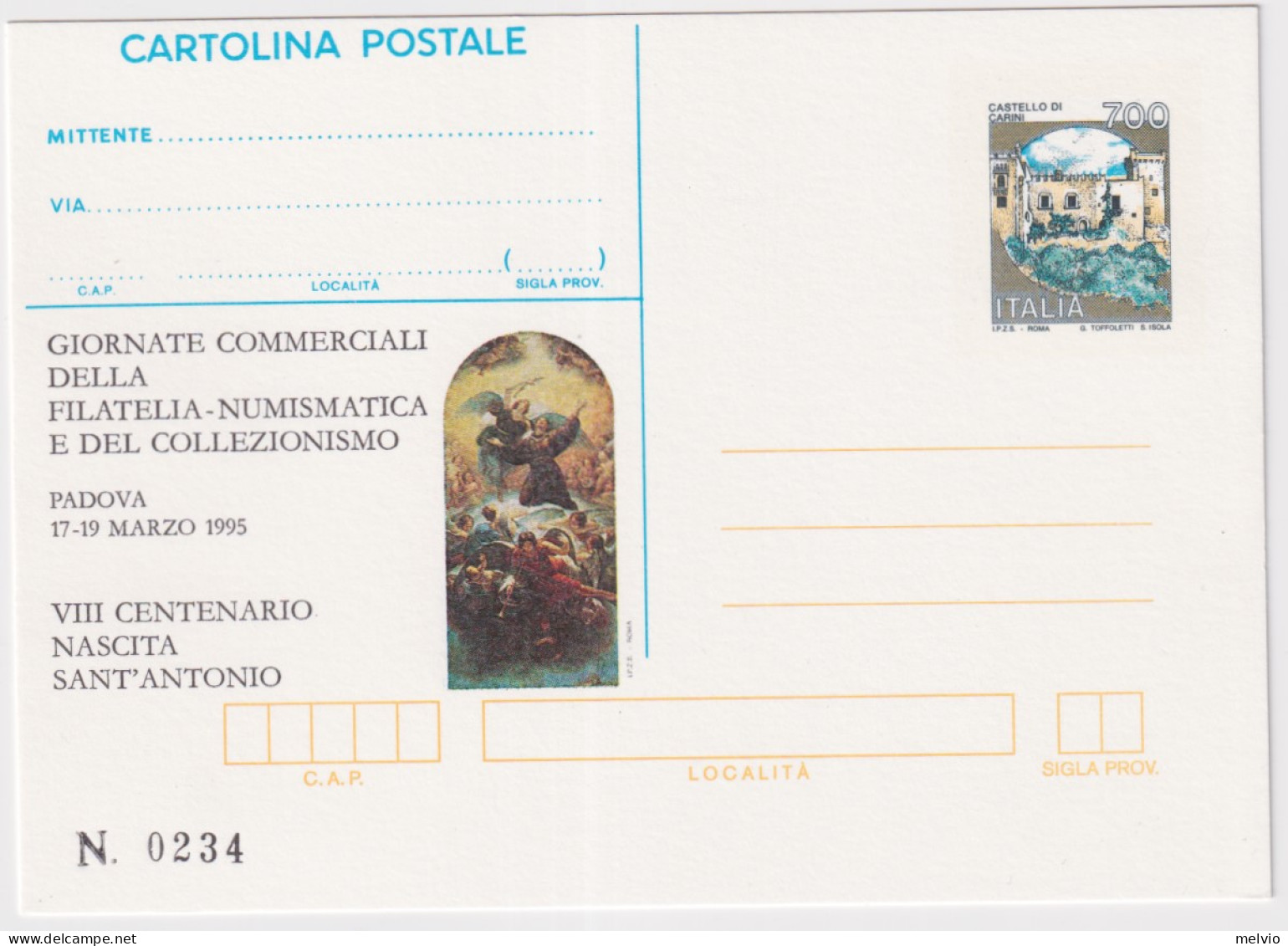 1995-PADOVA SANT'ANTONIO VIII^NASCITA ANGELI Cartolina Postale IPZS Lire 700 Nuo - Ganzsachen