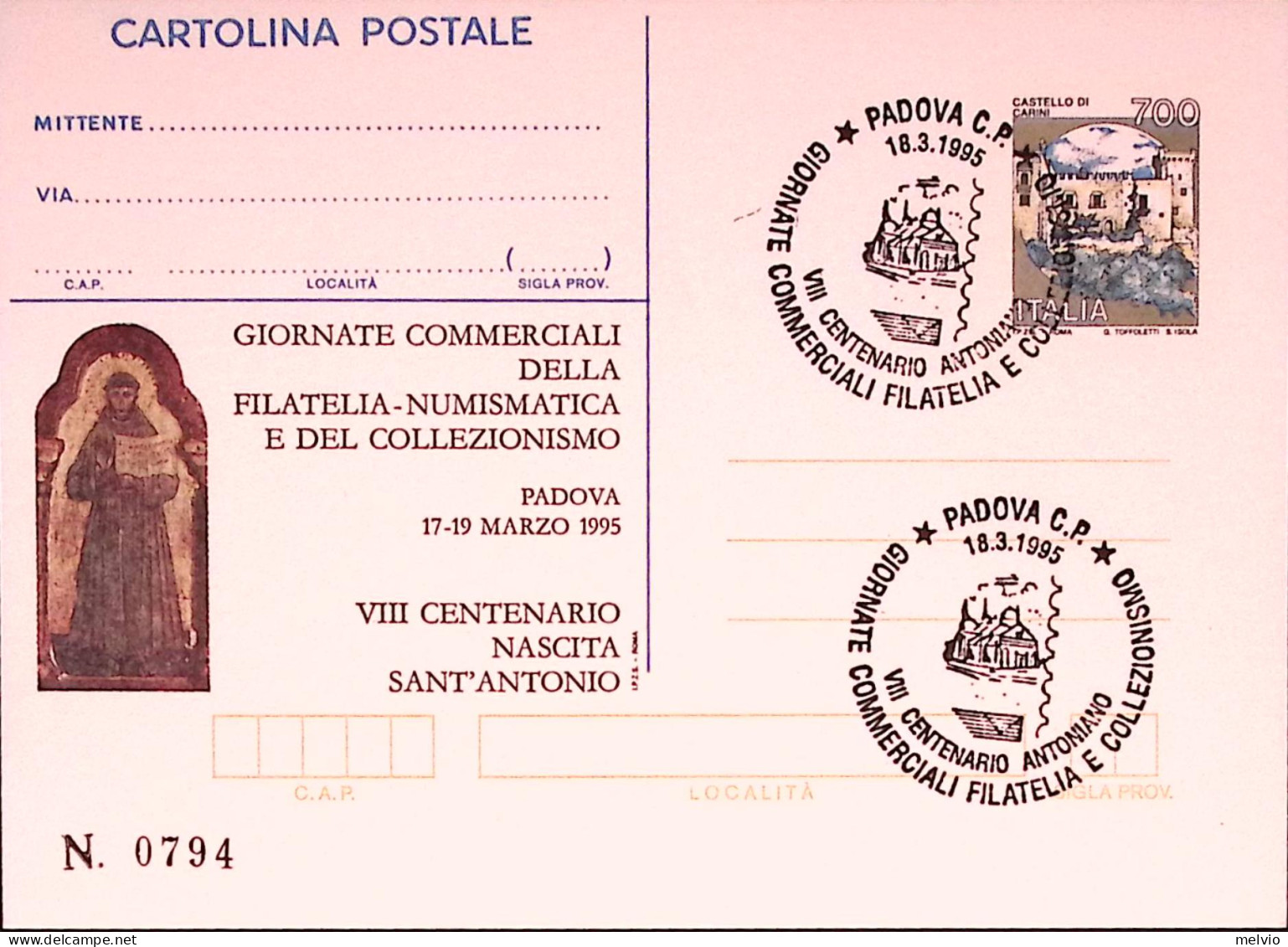 1995-PADOVA SANT'ANTONIO VIII^NASCITA SANTO Cartolina Postale IPZS Lire 700 Con  - Entero Postal