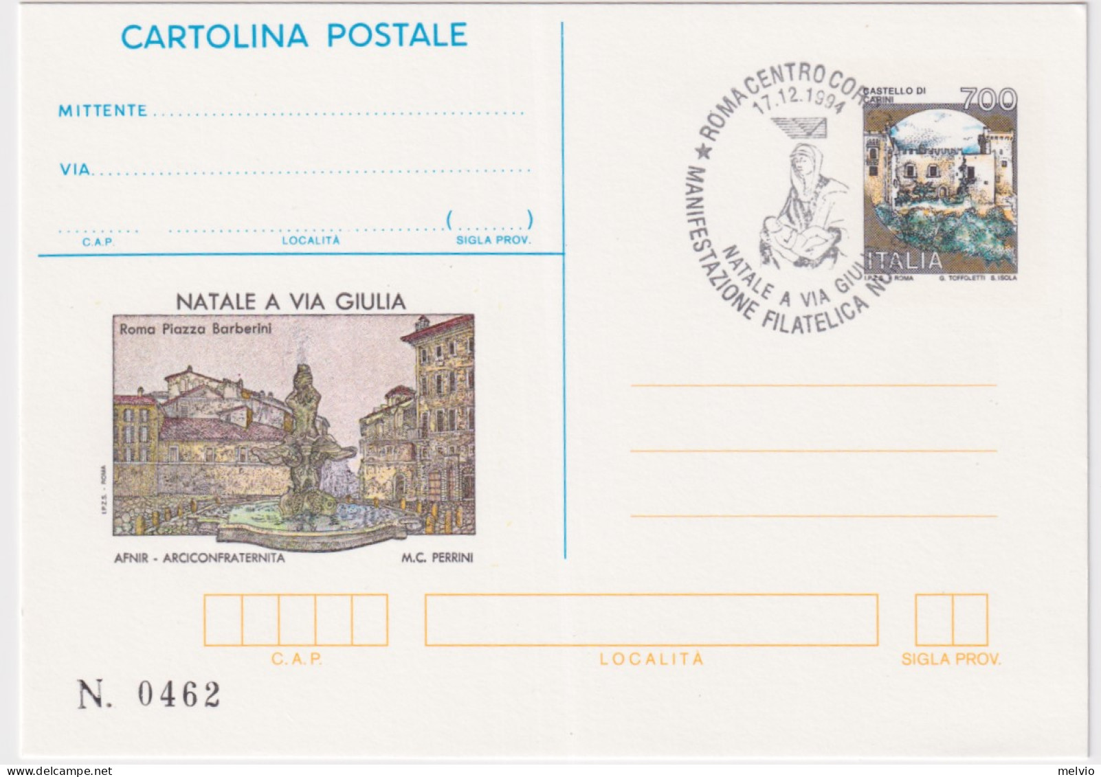 1994-NATALE A VIA GIULIA Cartolina Postale IPZS Lire 700 Con Ann Spec - Entero Postal