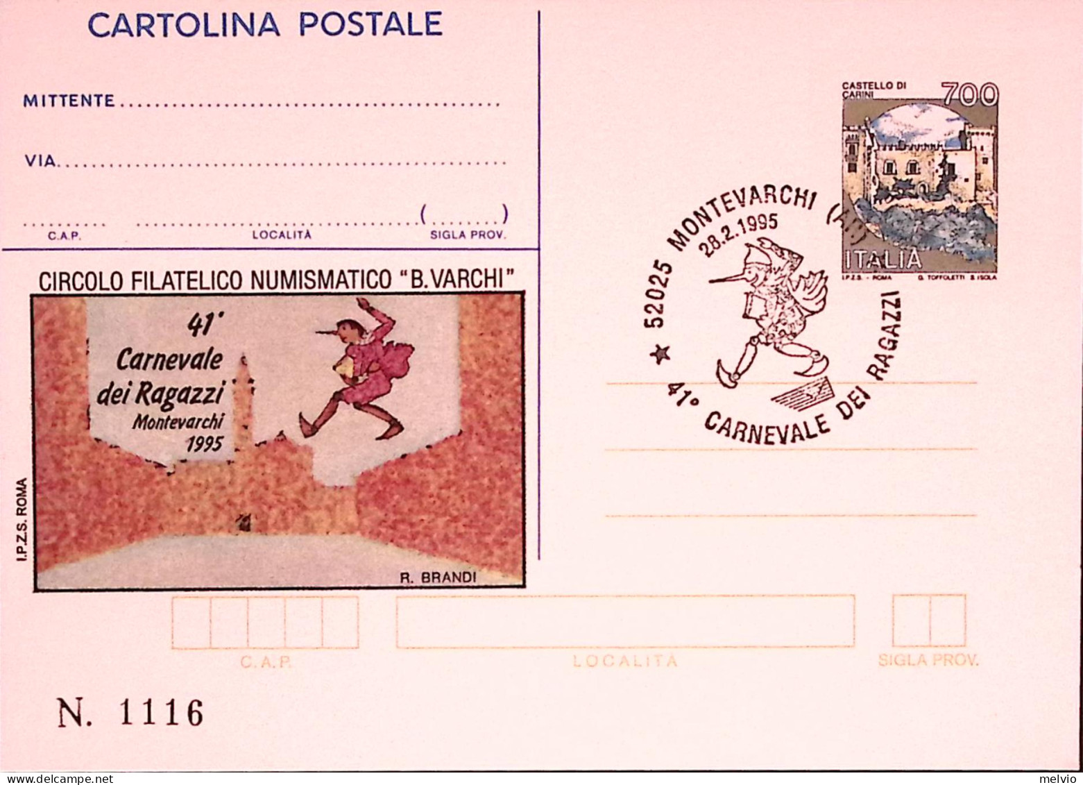 1995-MONTEVARCHI Cartolina Postale IPZS Lire 700 Con Ann Spec - Postwaardestukken