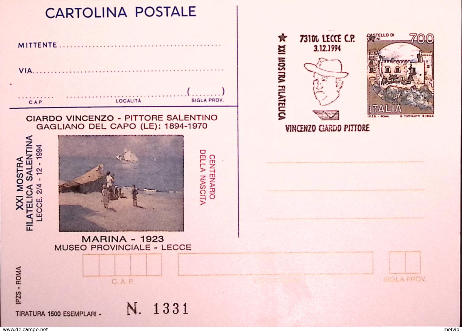 1994-CIARDO-LECCE Cartolina Postale IPZS Lire 700 Con Ann Spec - Entiers Postaux
