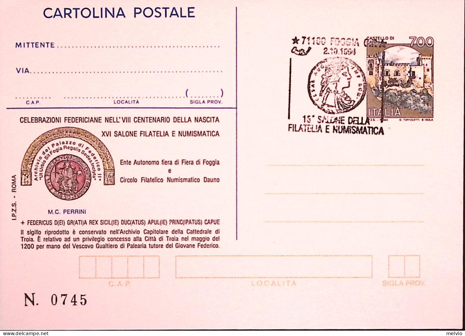 1994-CELEBR. FEDERICIANE Cartolina Postale IPZS Lire 700 Con Ann Spec - Stamped Stationery