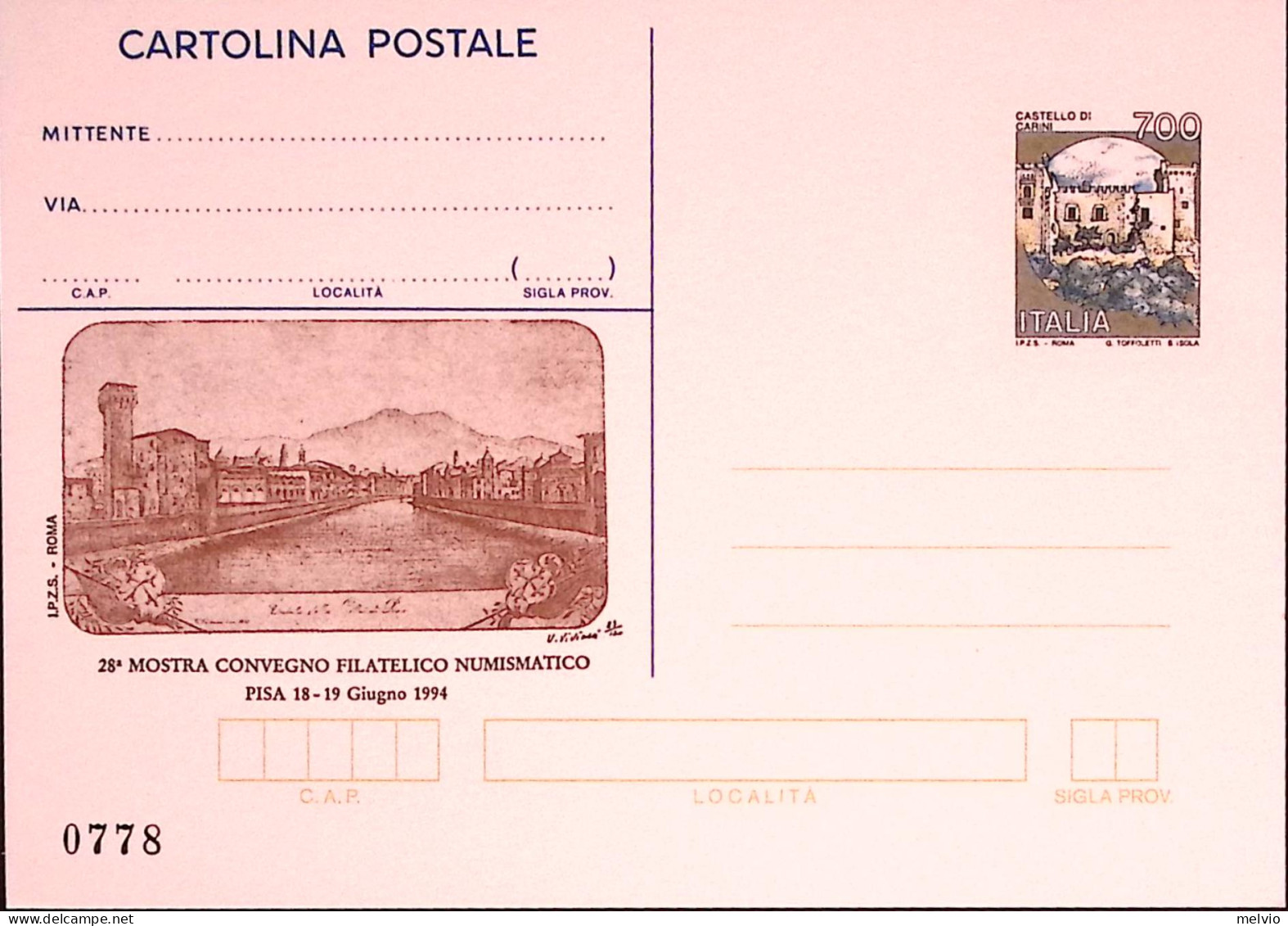 1994-PISA Cartolina Postale IPZS Lire 700 Nuova - Postwaardestukken