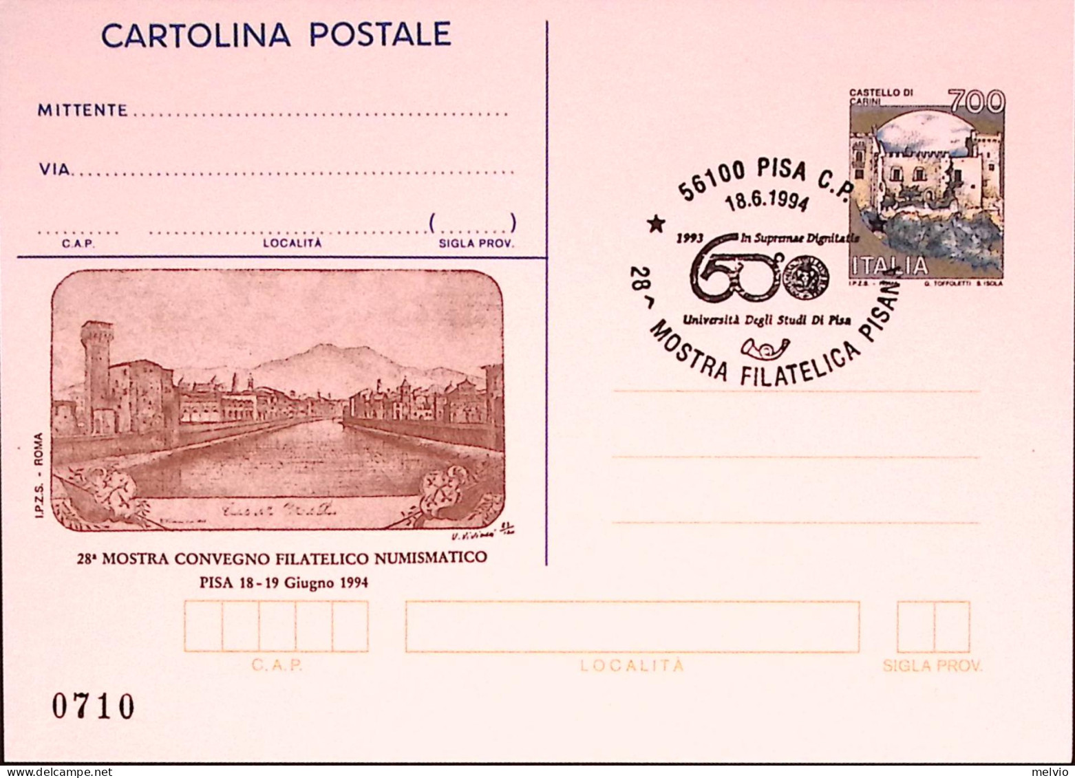 1994-PISA Cartolina Postale IPZS Lire 700 Con Ann Spec - Postwaardestukken