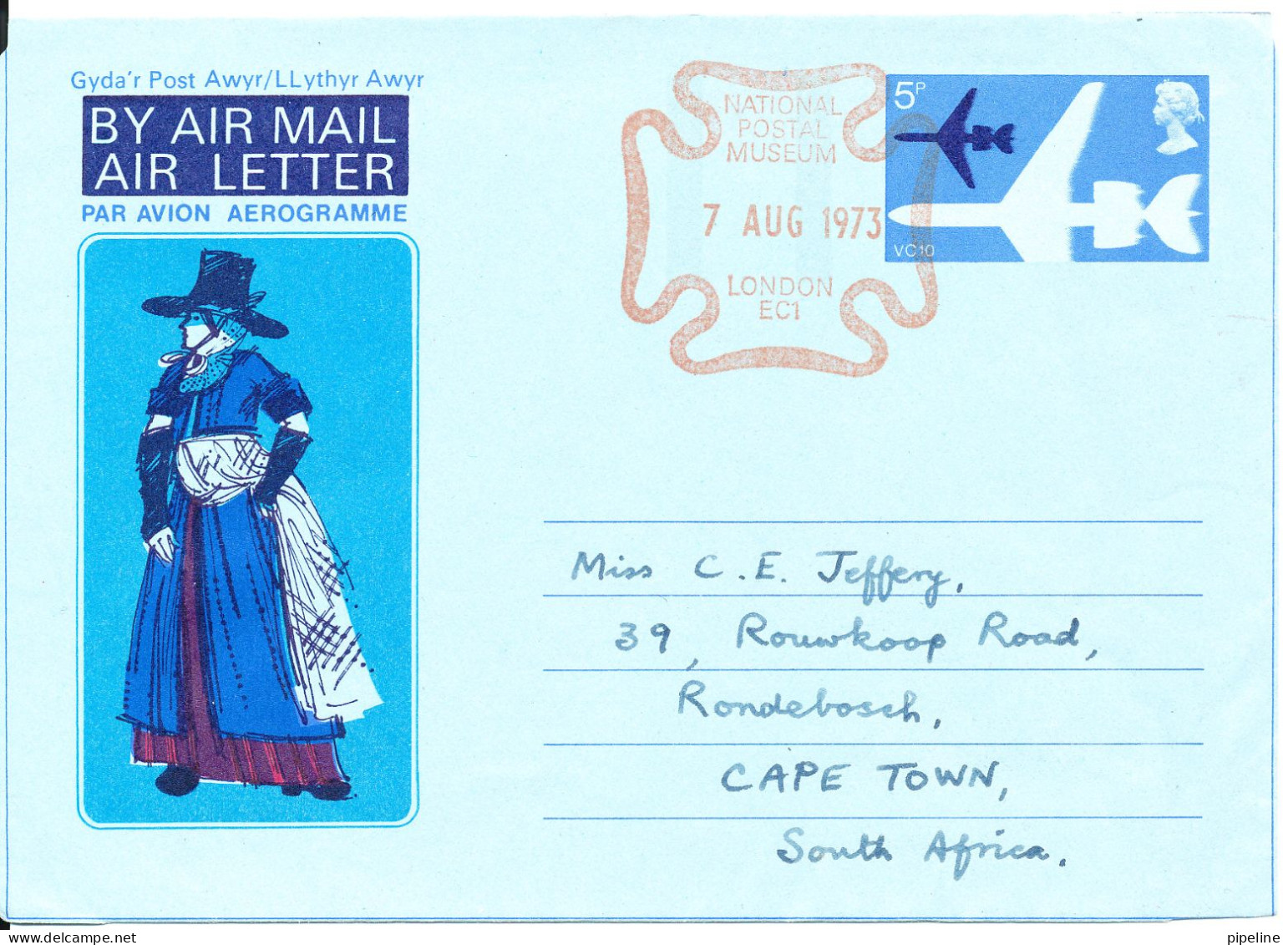 Great Britain Aerogramme With Special Postmark National Postal Museum 7-8-1973 Sent To South Africa - Material Postal