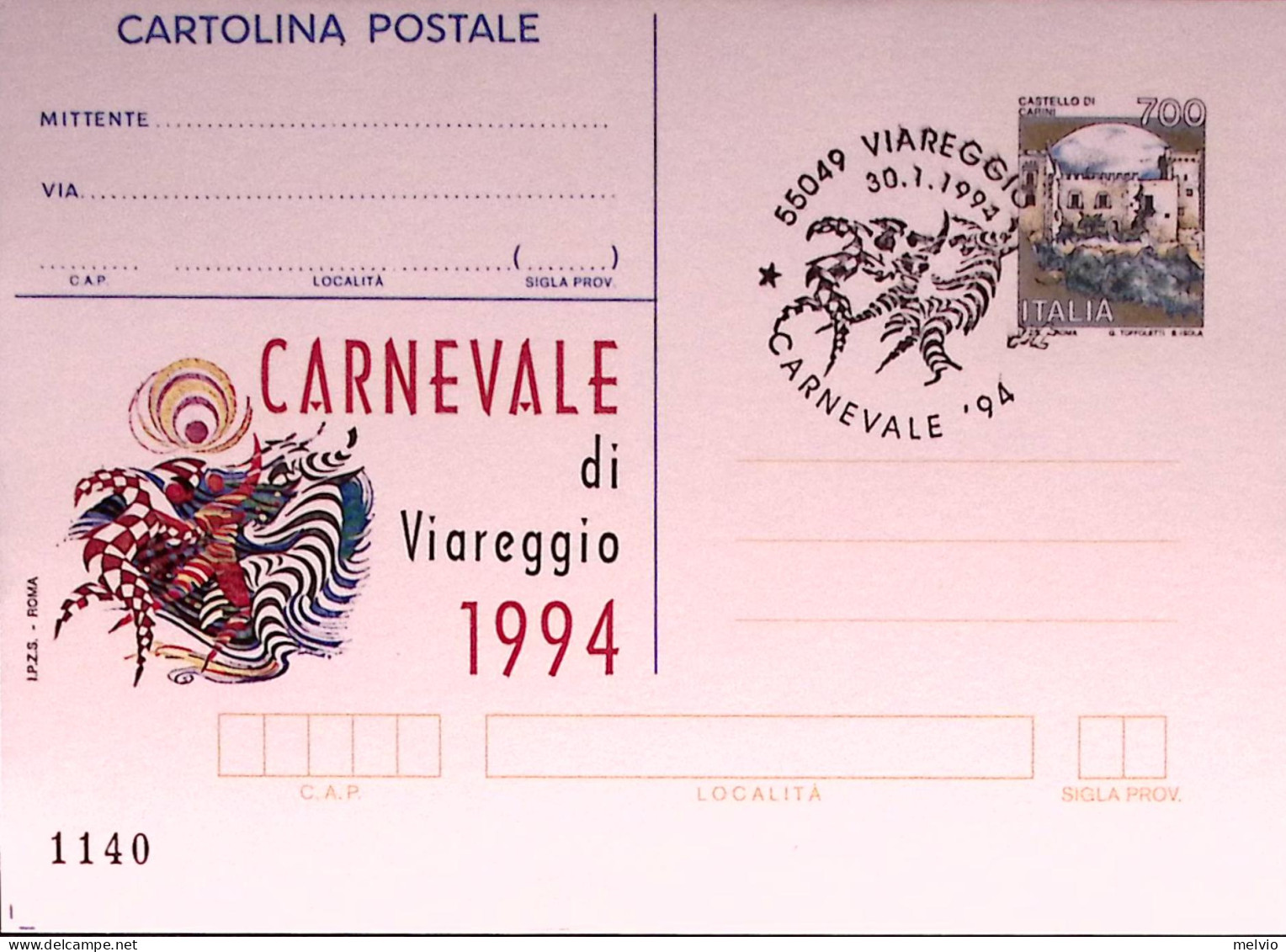 1994-CARNEVALE VIAREGGIO Cartolina Postale IPZS Lire 700 Con Ann Spec - Entiers Postaux