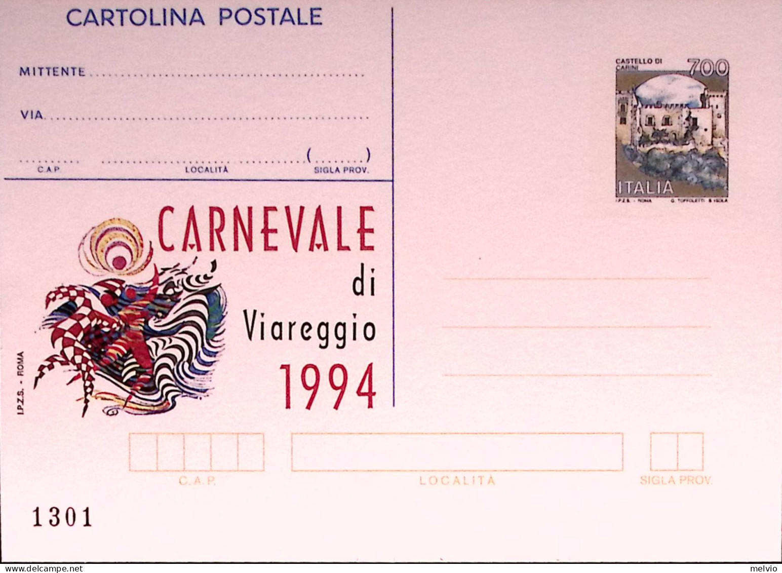 1994-CARNEVALE VIAREGGIO Cartolina Postale IPZS Lire 700 Nuova - Entiers Postaux