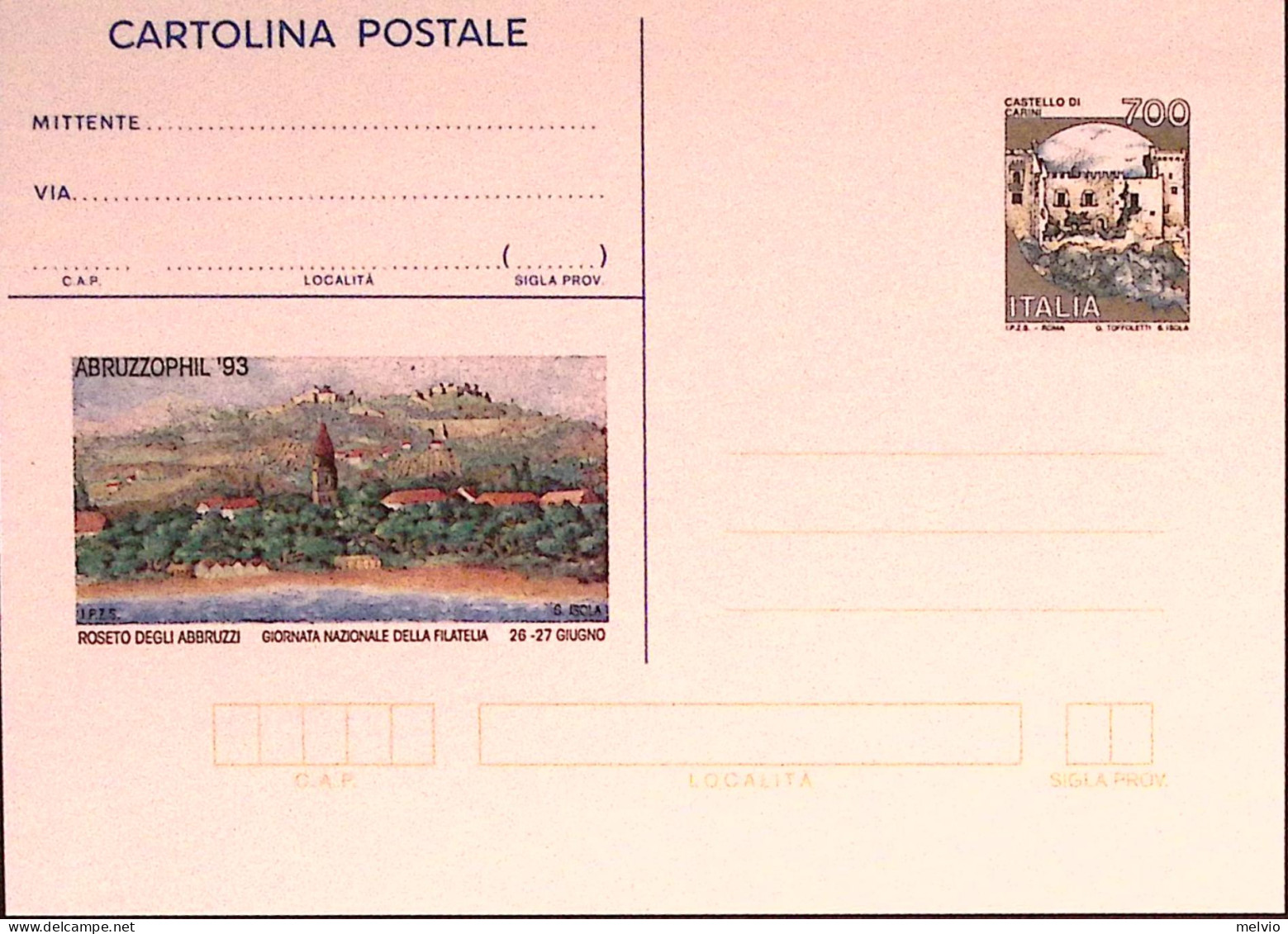 1993-ABRUZZOPHIL Cartolina Postale IPZS Lire 700 Nuova - Interi Postali