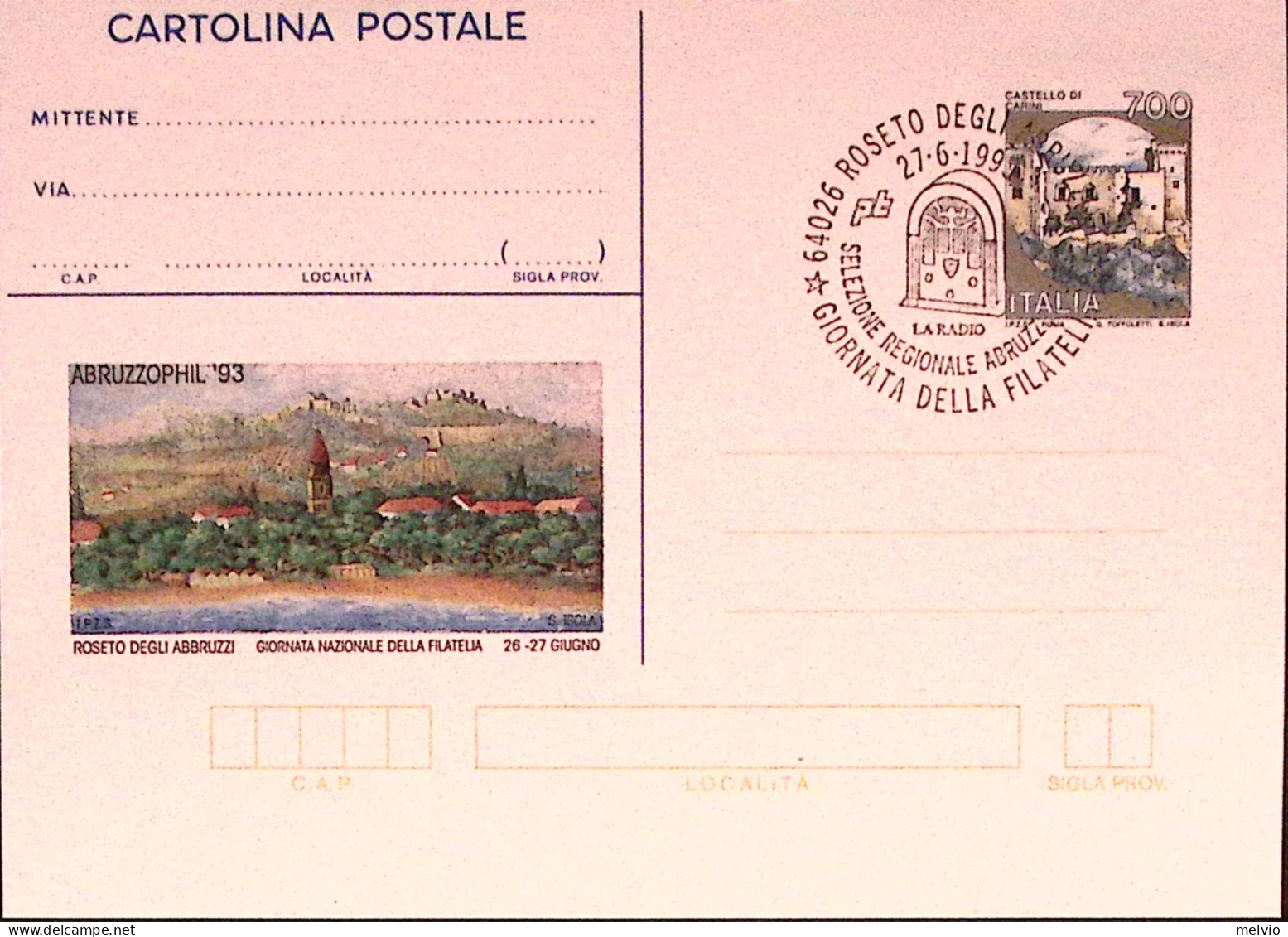 1993-ABRUZZOPHIL Cartolina Postale IPZS Lire 700 Con Ann.spec.(27.6) - Postwaardestukken