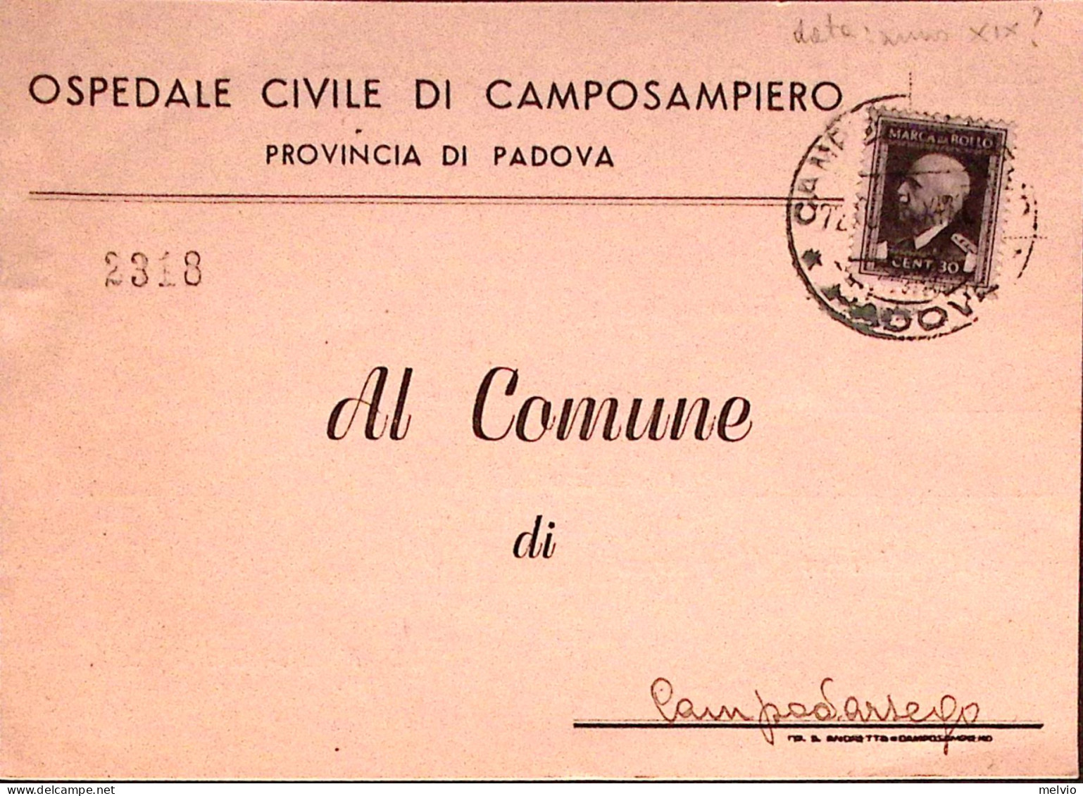 1944-RSI Marca Da Bollo C.30 Isolato Su Cart. Ammin. Camposampiero Padova (22.6. - Marcophilie