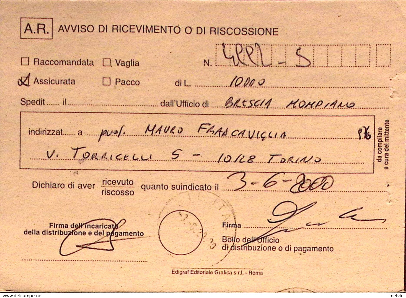 2000-PARINI Lire 800 Isolato Su Avviso Ricevimento - 1991-00: Marcophilia