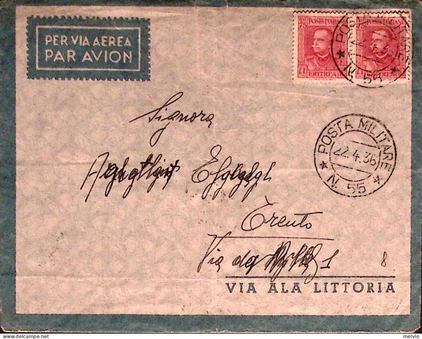 1936-Posta Militare/n. 55 (22.4) Su Busta Via Aerea Affr. Eritrea - Eritrea