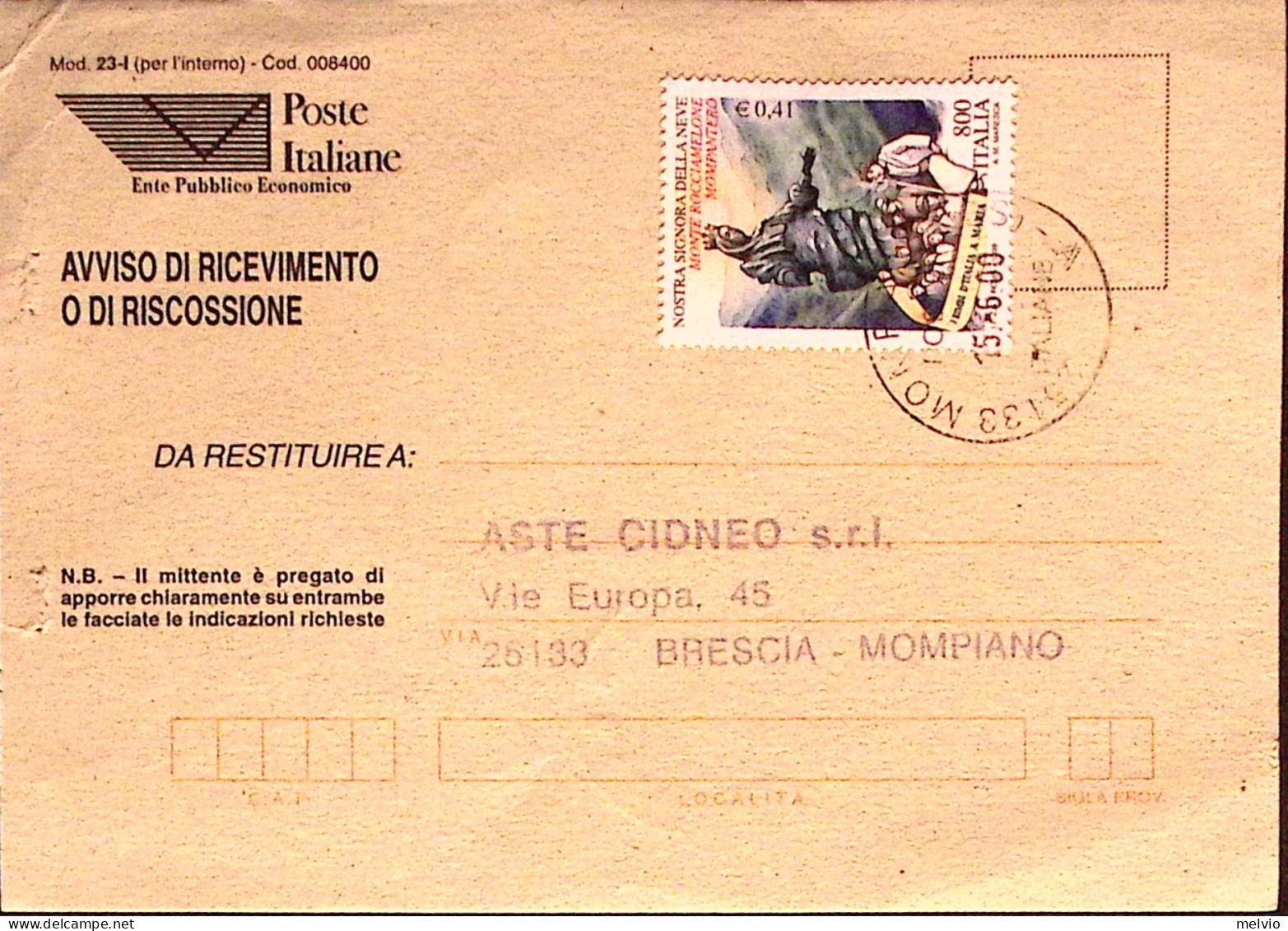 1999-NOSTRA SIGNORA NEVE Lire 800 Isolato Su Avviso Ricevimento - 1991-00: Marcofilie