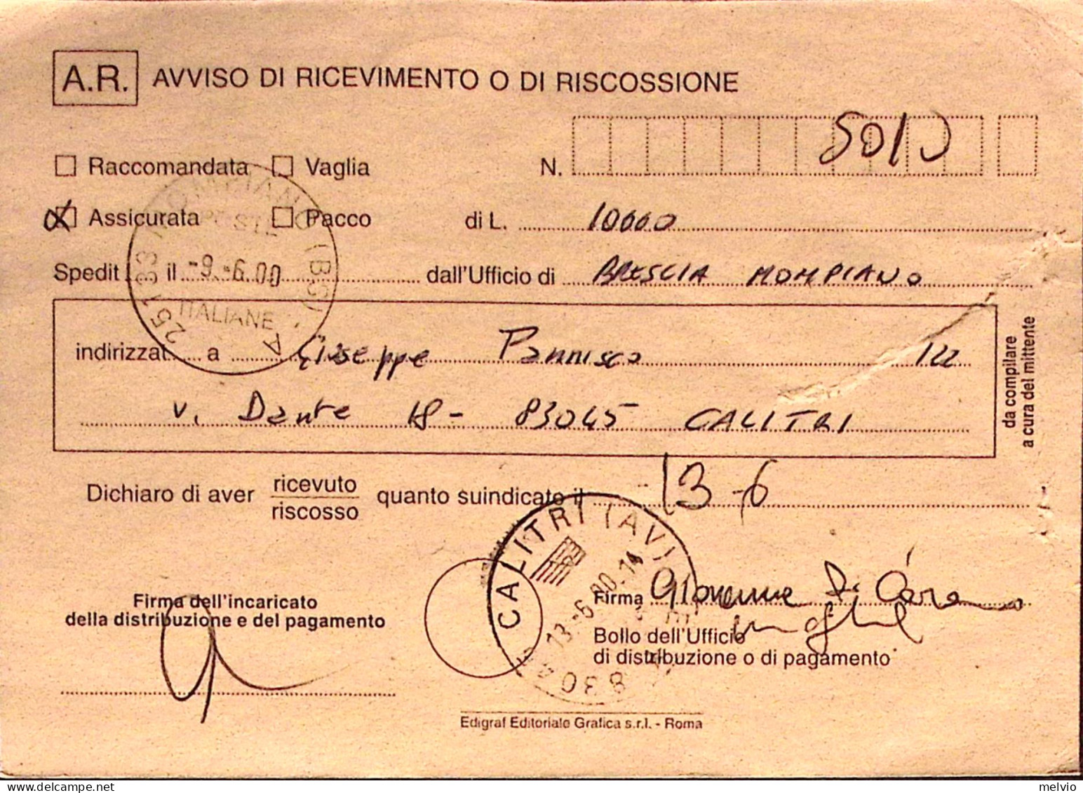 2000-GIORNATA FRANCOBOLLO'99 Lire 800 Isolato Su Avviso Ricevimento - 1991-00: Marcophilie