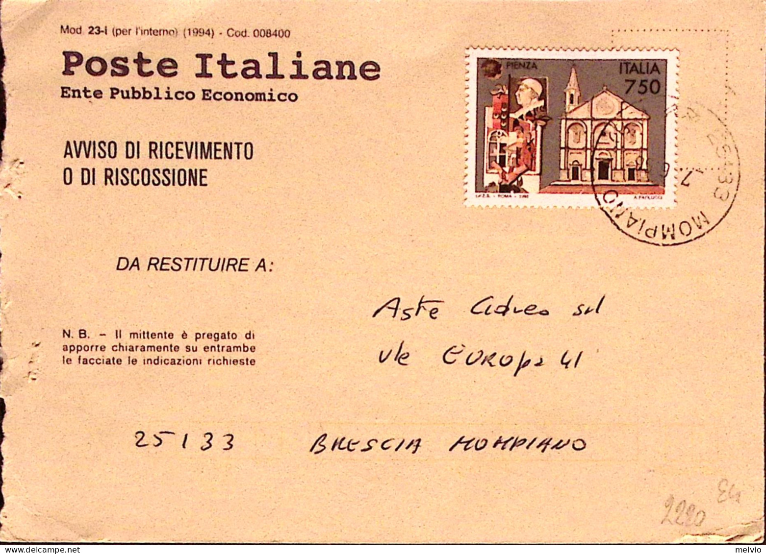 1996-TURISTICA Pienza Lire 750 Isolato Su Avviso Ricevimento - 1991-00: Storia Postale