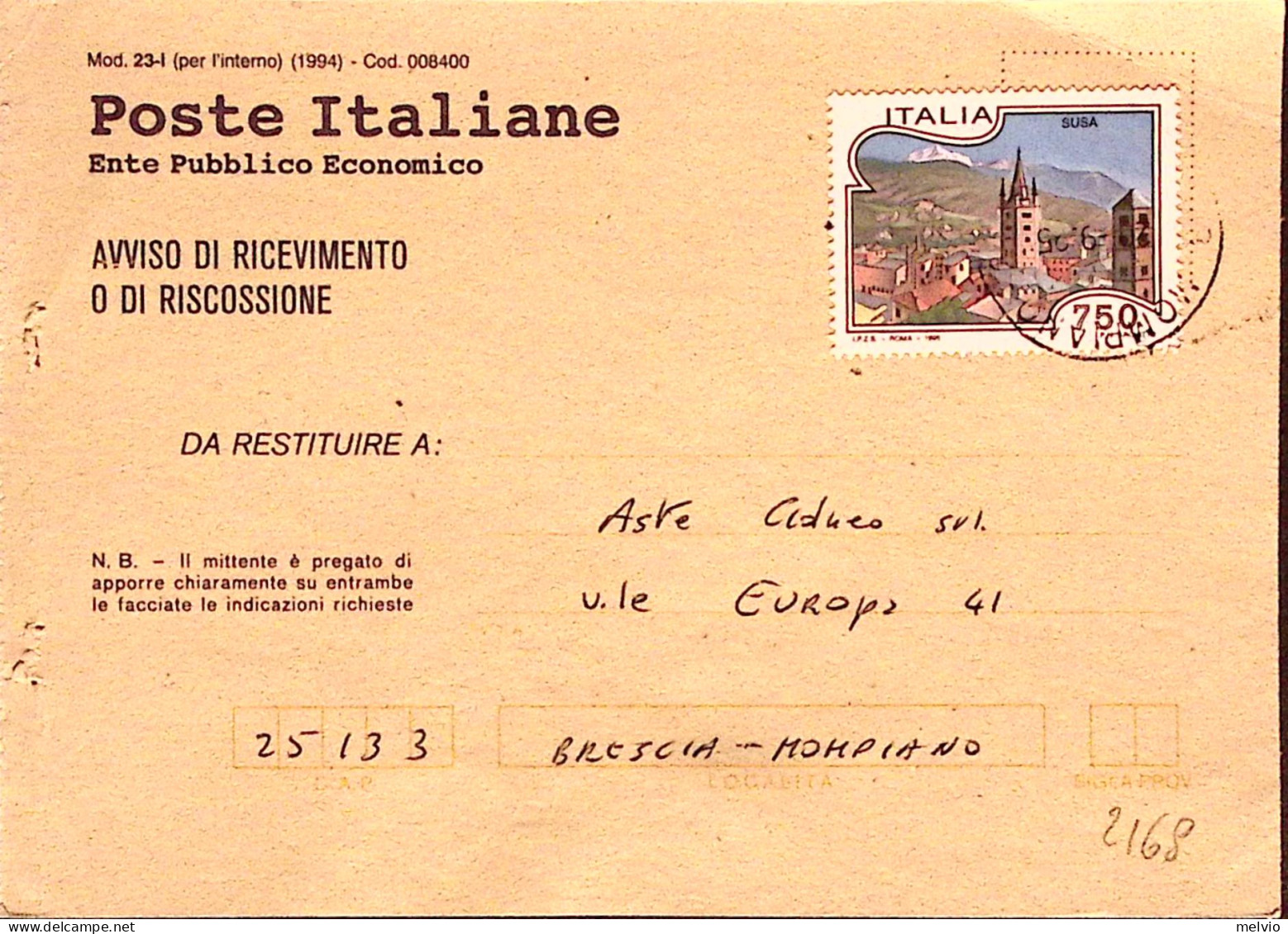 1995-TURISMO Susa Lire 750 Isolato Su Avviso Ricevimento - 1991-00: Marcofilia