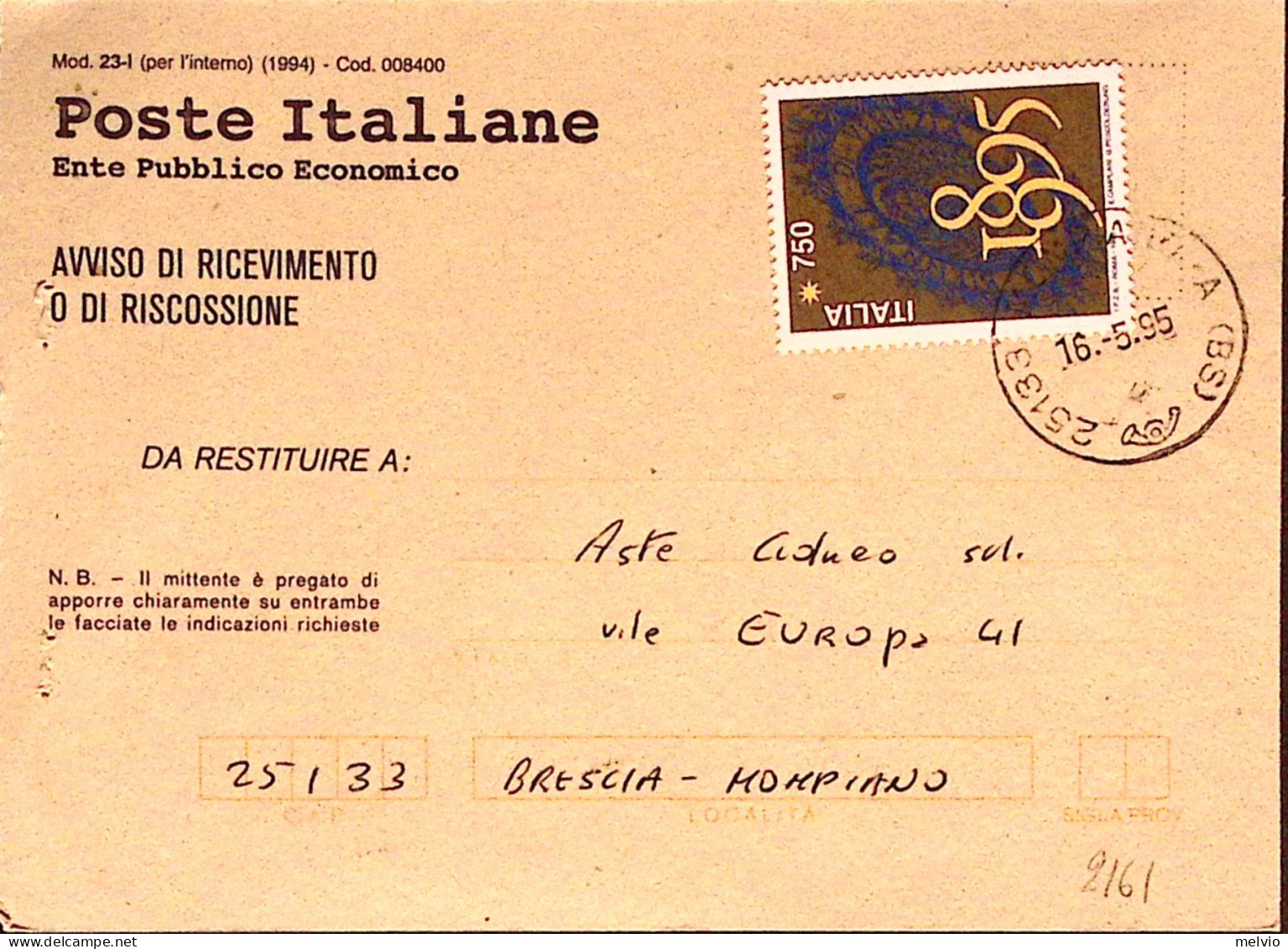 1995-Biennale Venezia Lire 750 Isolato Su Avviso Ricevimento - 1991-00: Poststempel