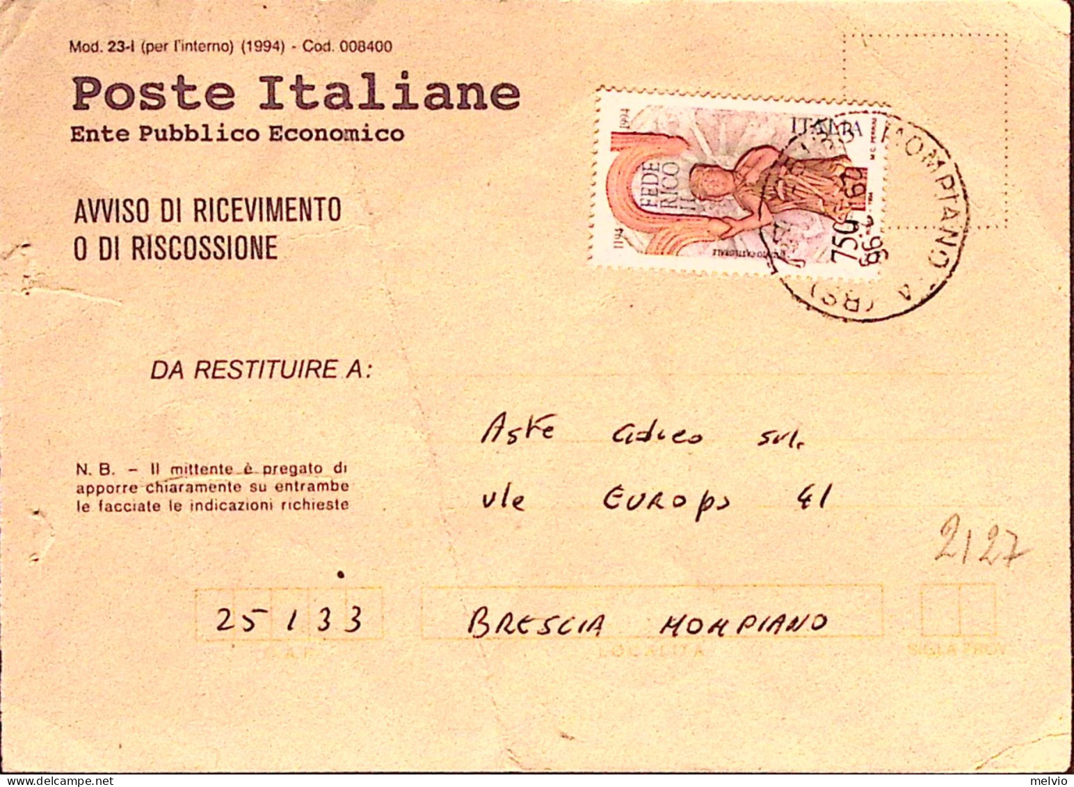 1995-FEDERICO II^lire 750 Isolato Su Avviso Ricevimento - 1991-00: Poststempel