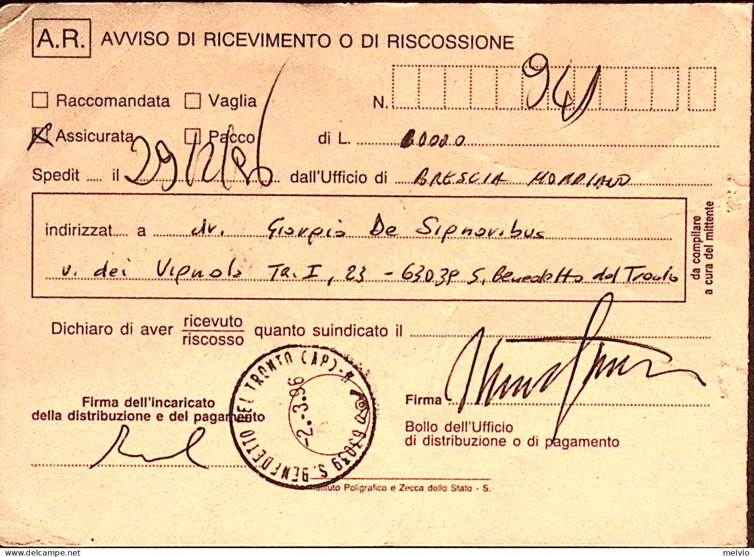 1995-FEDERICO II^lire 750 Isolato Su Avviso Ricevimento - 1991-00: Poststempel