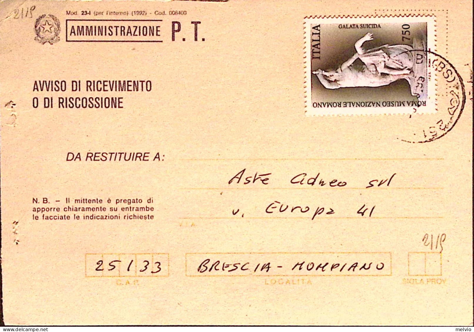 1995-MUSEO NAZ ROMA Lire 750 Isolato Su Avviso Ricevimento - 1991-00: Storia Postale