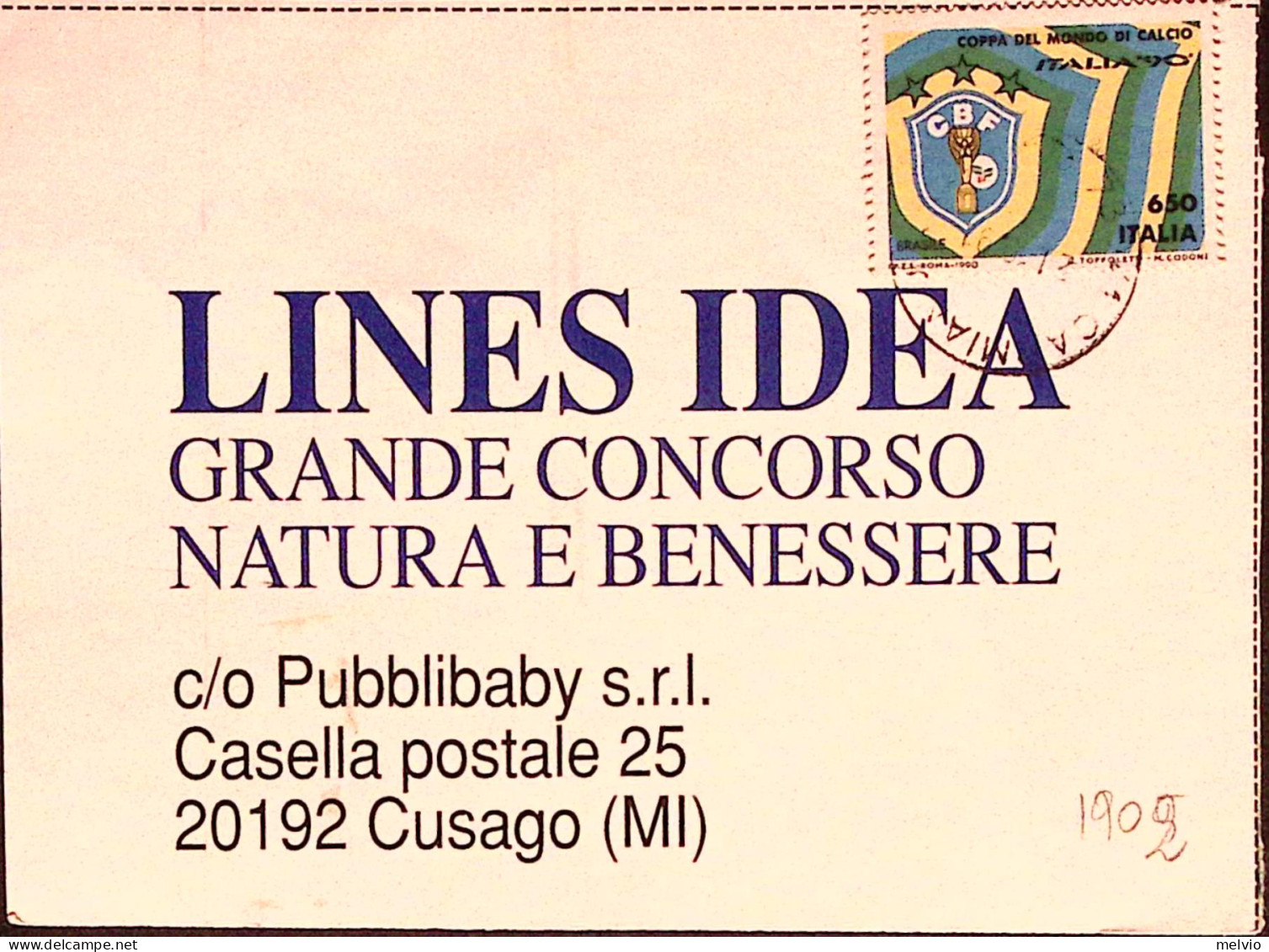 1990-COPPA CALCIO Lire 650 Brasile Isolato Su Cartolina - 1981-90: Storia Postale