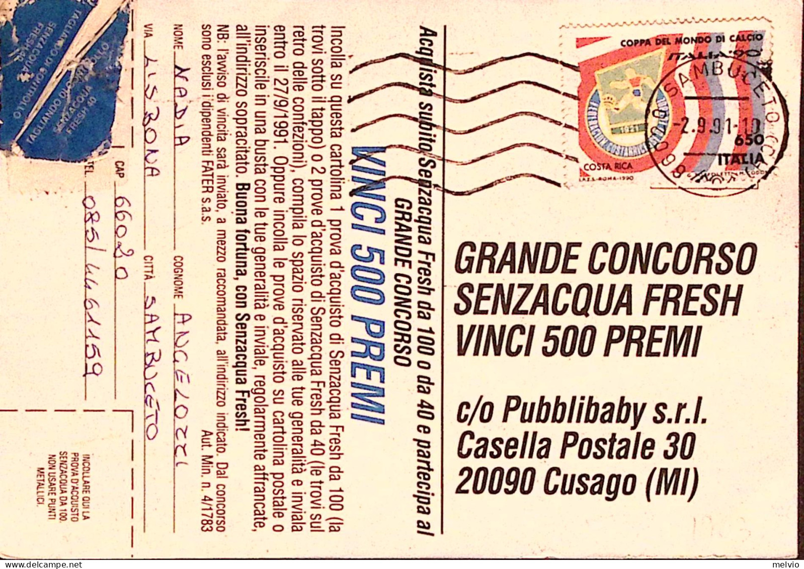 1991-COPPA CALCIO Lire 650 Costa Rica Isolato Su Cartolina - 1991-00: Marcofilia