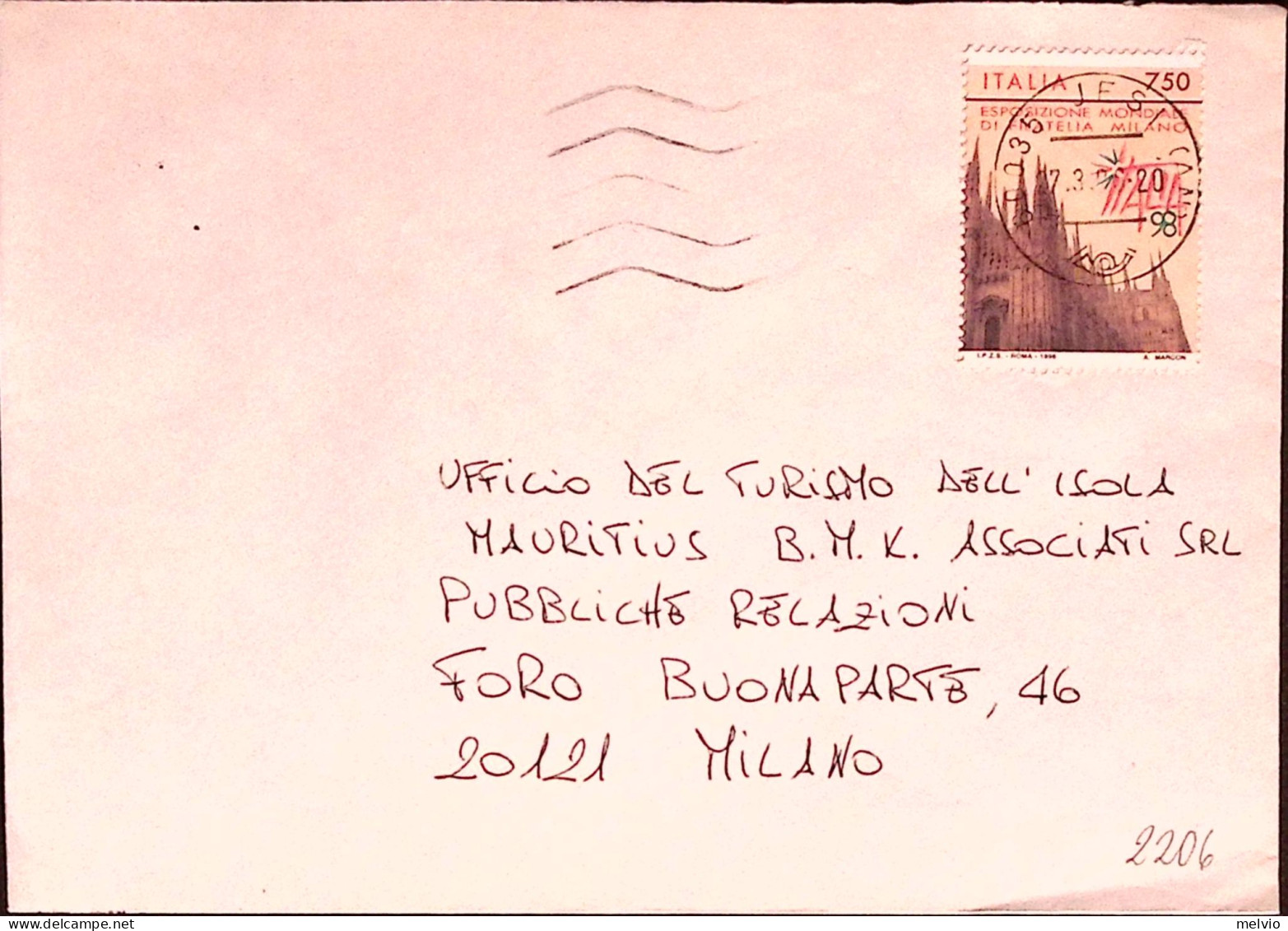 1996-ITALIA1998 Lire 750 Isolato Su Busta - 1991-00: Poststempel