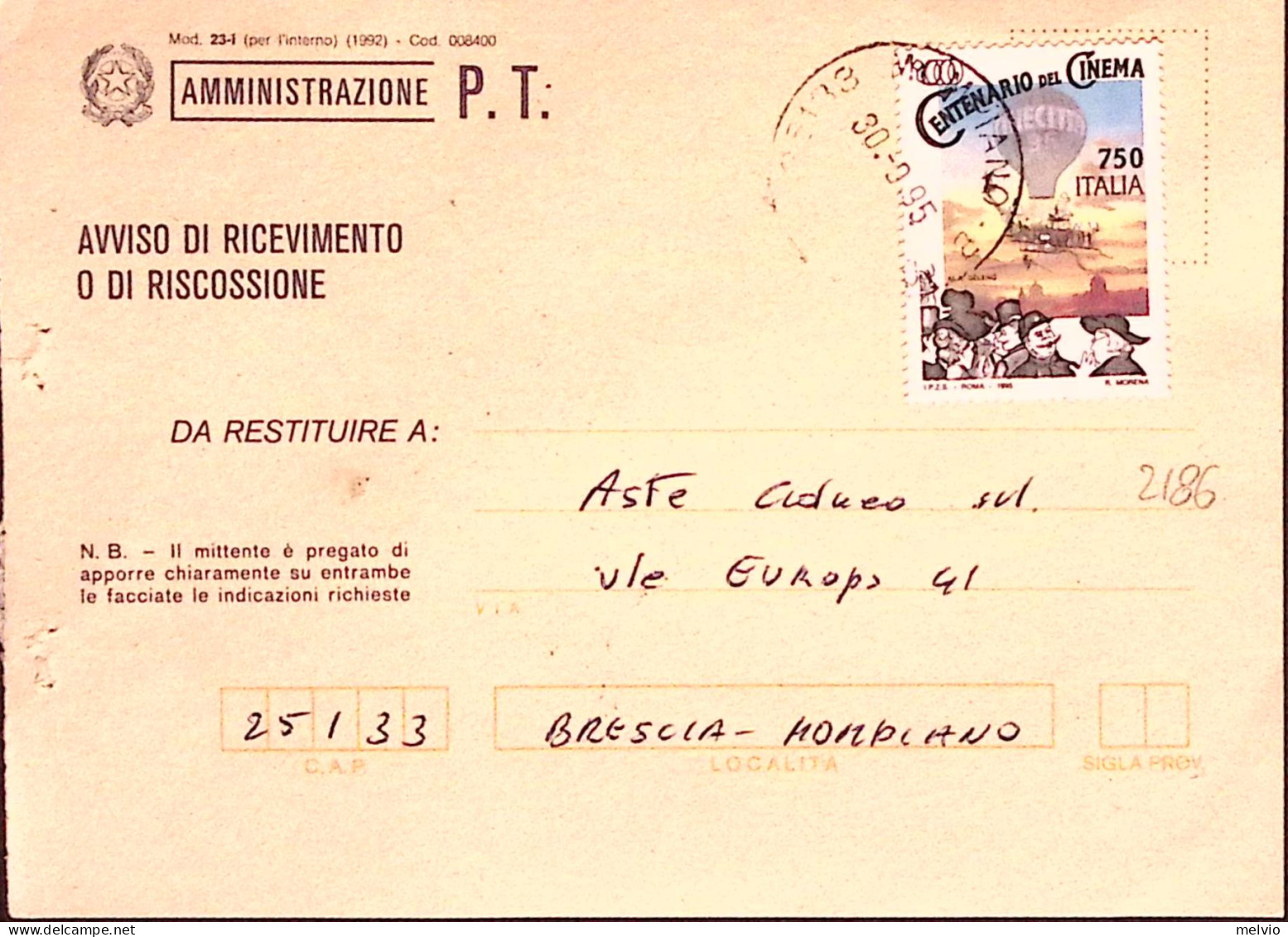 1995-CINEMA Lire 750 Cinecitta' Isolato Su Avviso Ricevimento - 1991-00: Poststempel