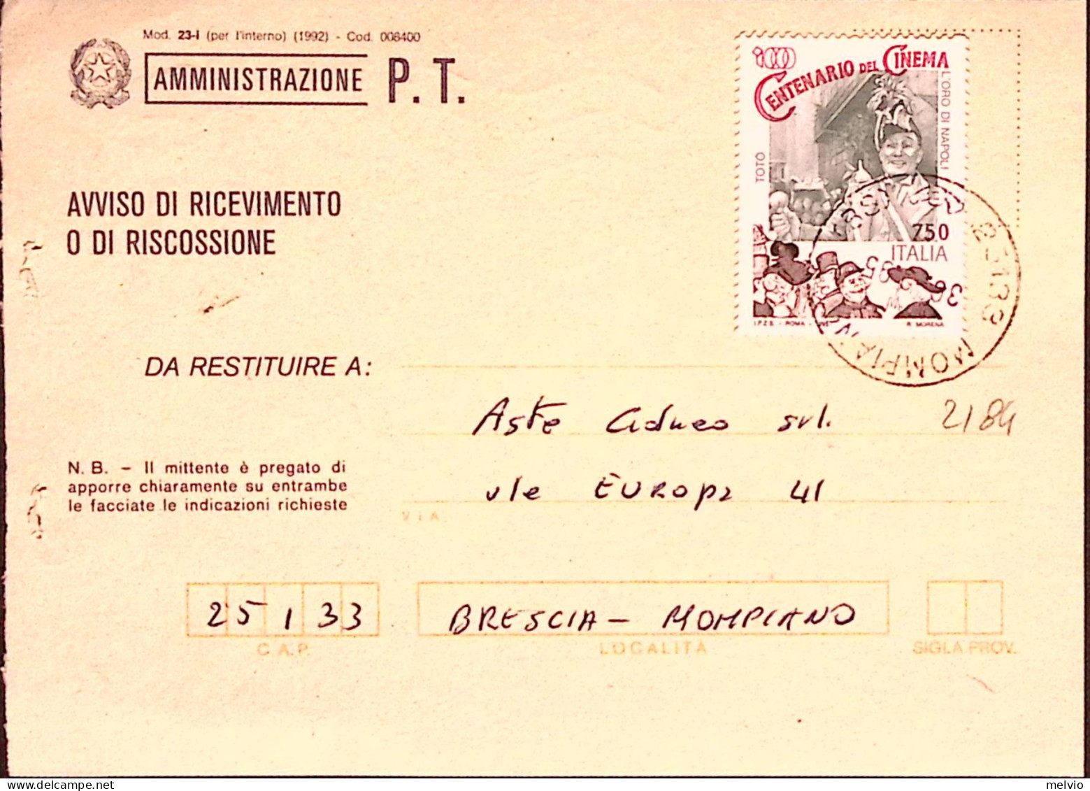 1995-CINEMA Lire 750 Totò Isolato Su Avviso Ricevimento - 1991-00: Storia Postale