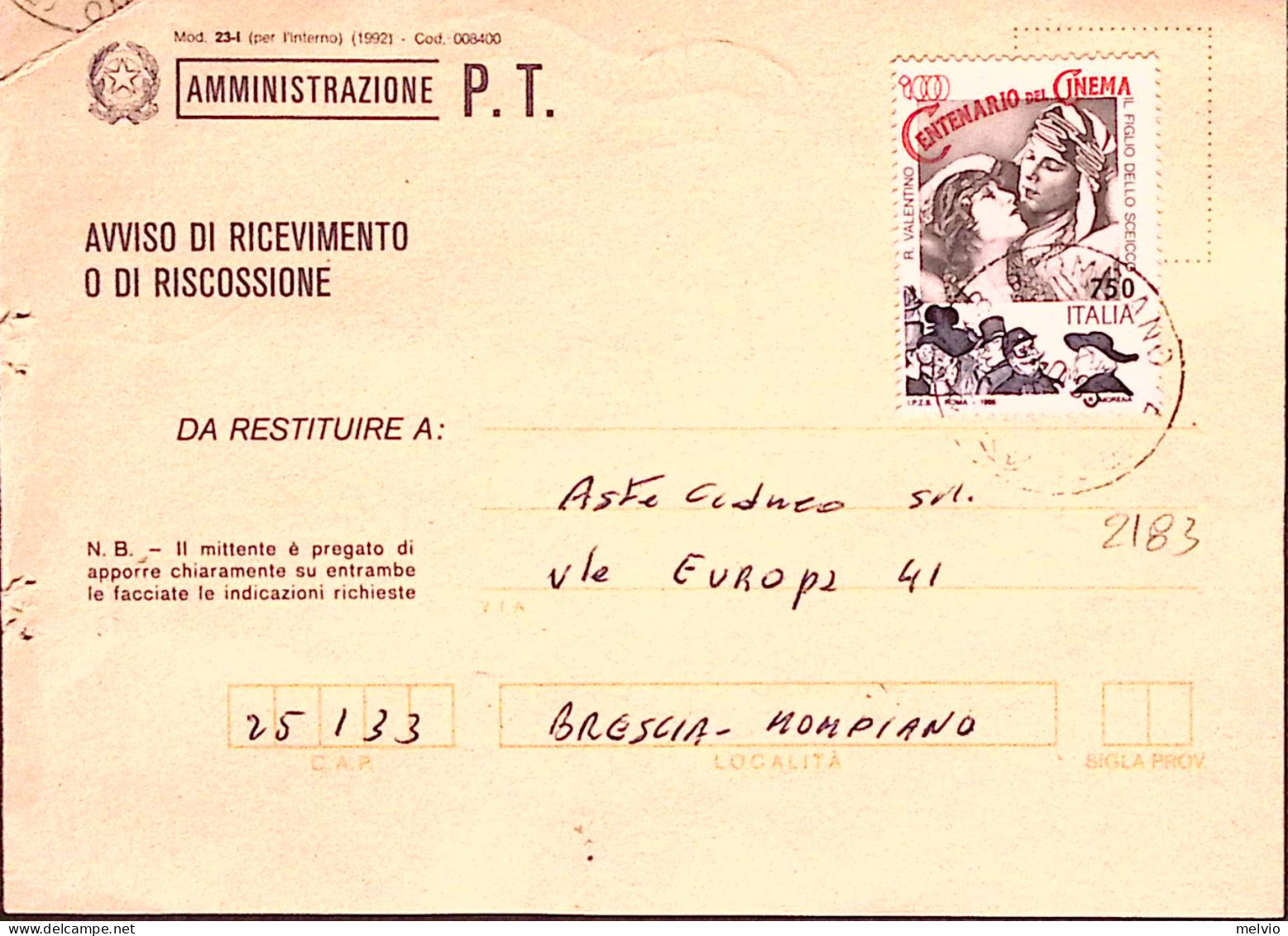 1995-CINEMA Lire 750 R. Valentino Isolato Su Avviso Ricevimento - 1991-00: Storia Postale