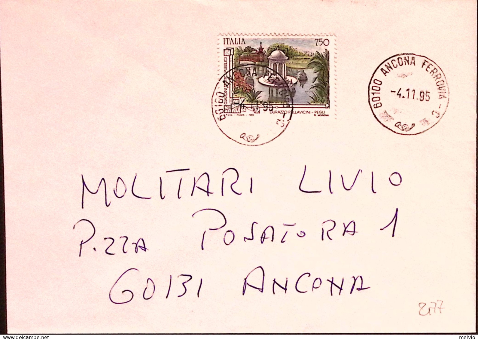 1995-PATRIMONIO CULTURALE Lire 750 Giardino Pegli Isolato Su Busta - 1991-00: Storia Postale