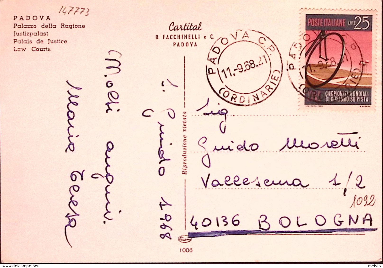 1968-MONDIALI CICLISMO Lire 25 Isolato Su Cartolina - 1961-70: Marcophilia