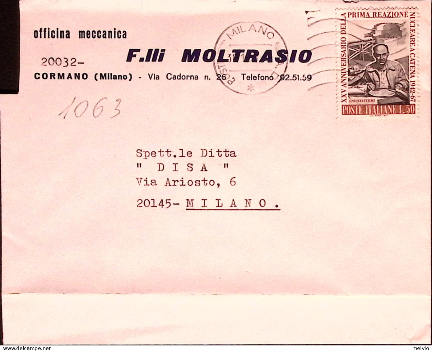 1968-FERMI Lire 50 Isolato Su Busta - 1961-70: Marcophilia