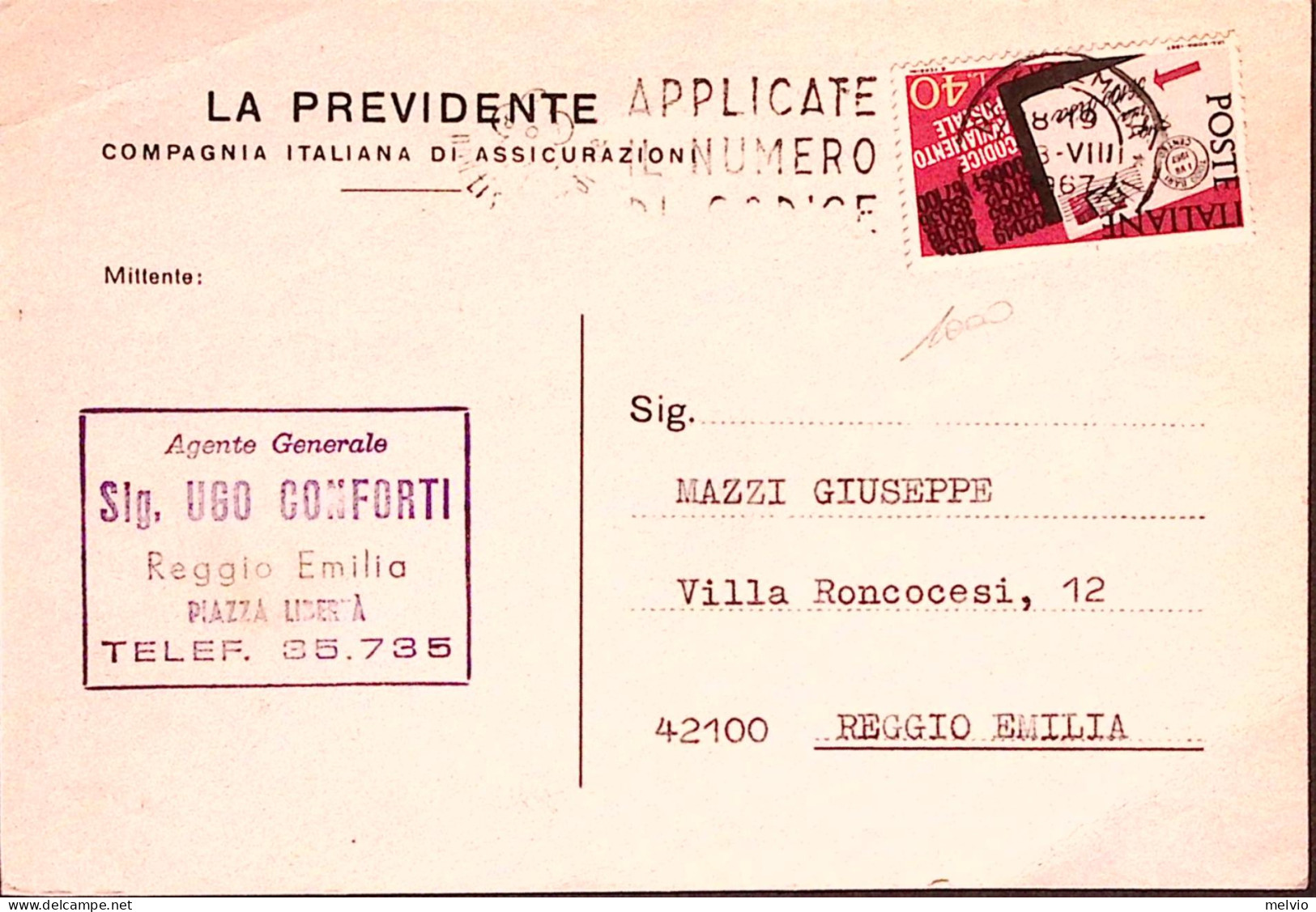 1967-CODICE POSTALE Lire 40 Isolato Su Cartolina - 1961-70: Marcophilie