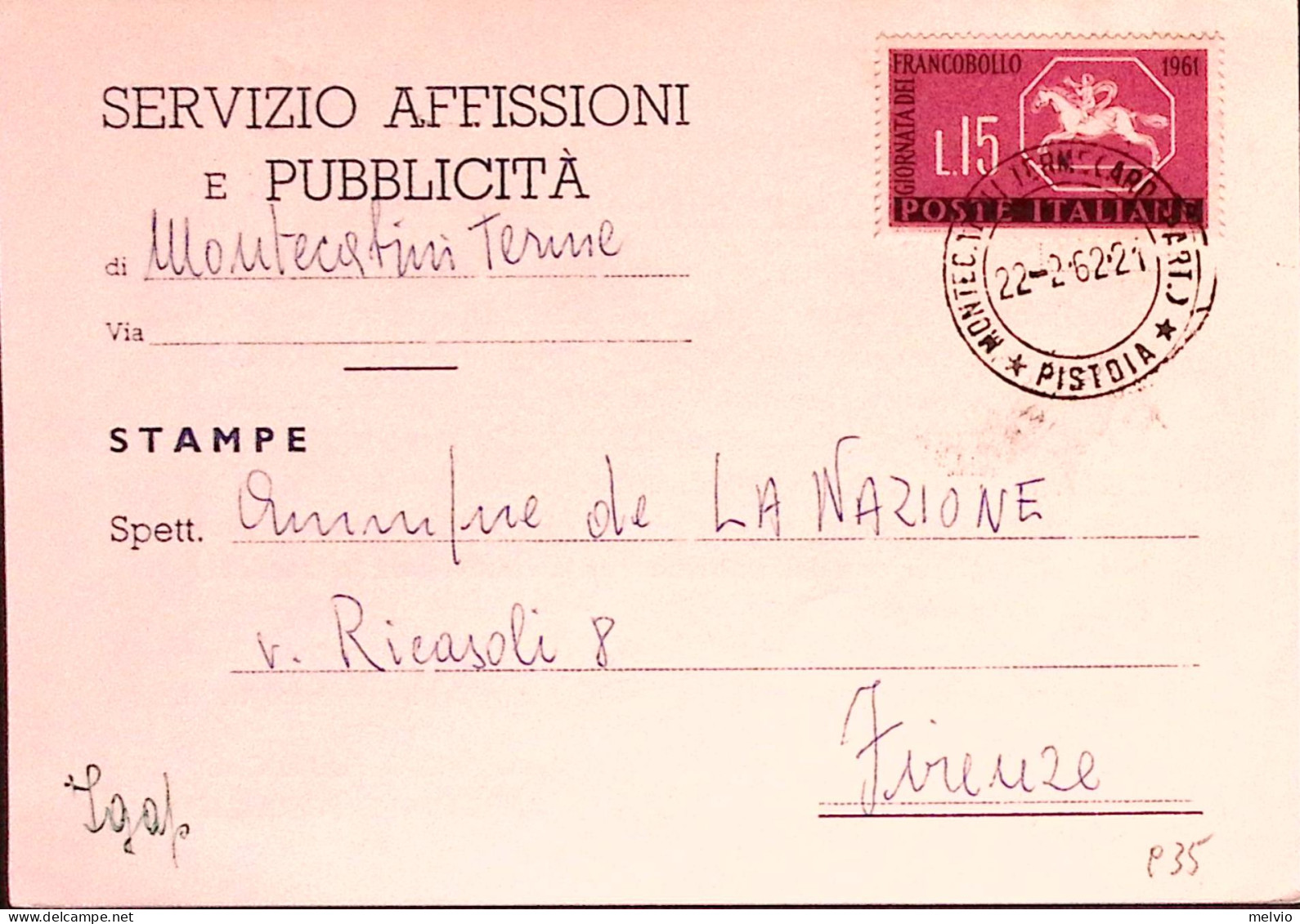 1961-GIORNATA FRANCOBOLLO'61 Lire 15 Isolato Su Stampe - 1961-70: Marcophilia
