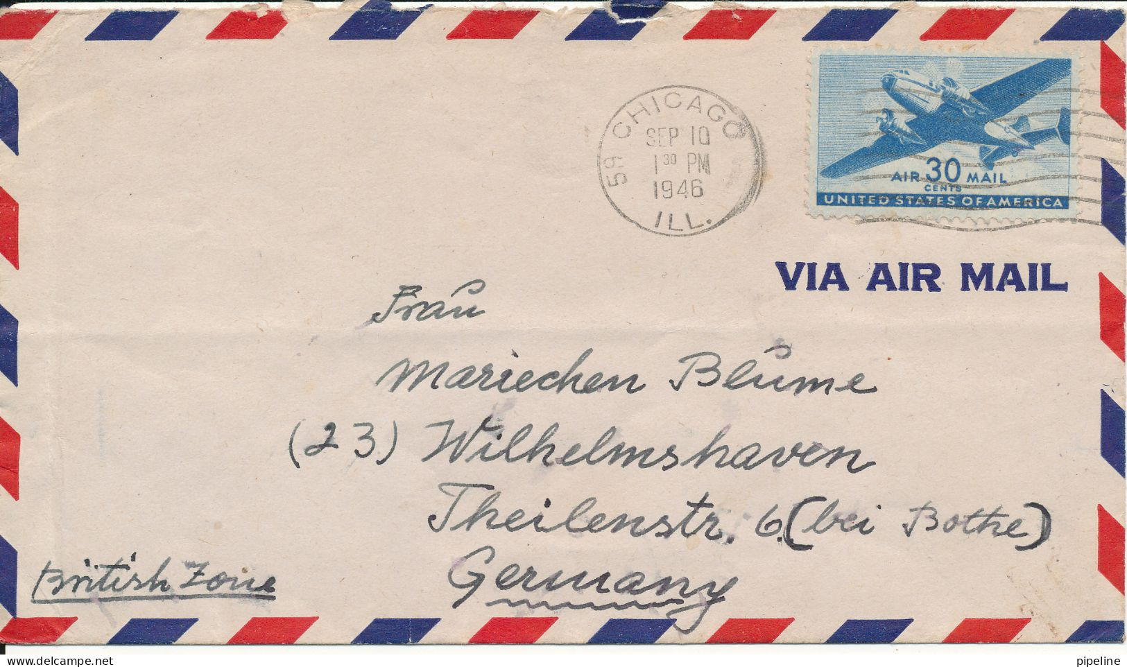 USA Air Mail Cover Sent To Germany  British Zone Chicago 10-9-1946 - 2c. 1941-1960 Briefe U. Dokumente
