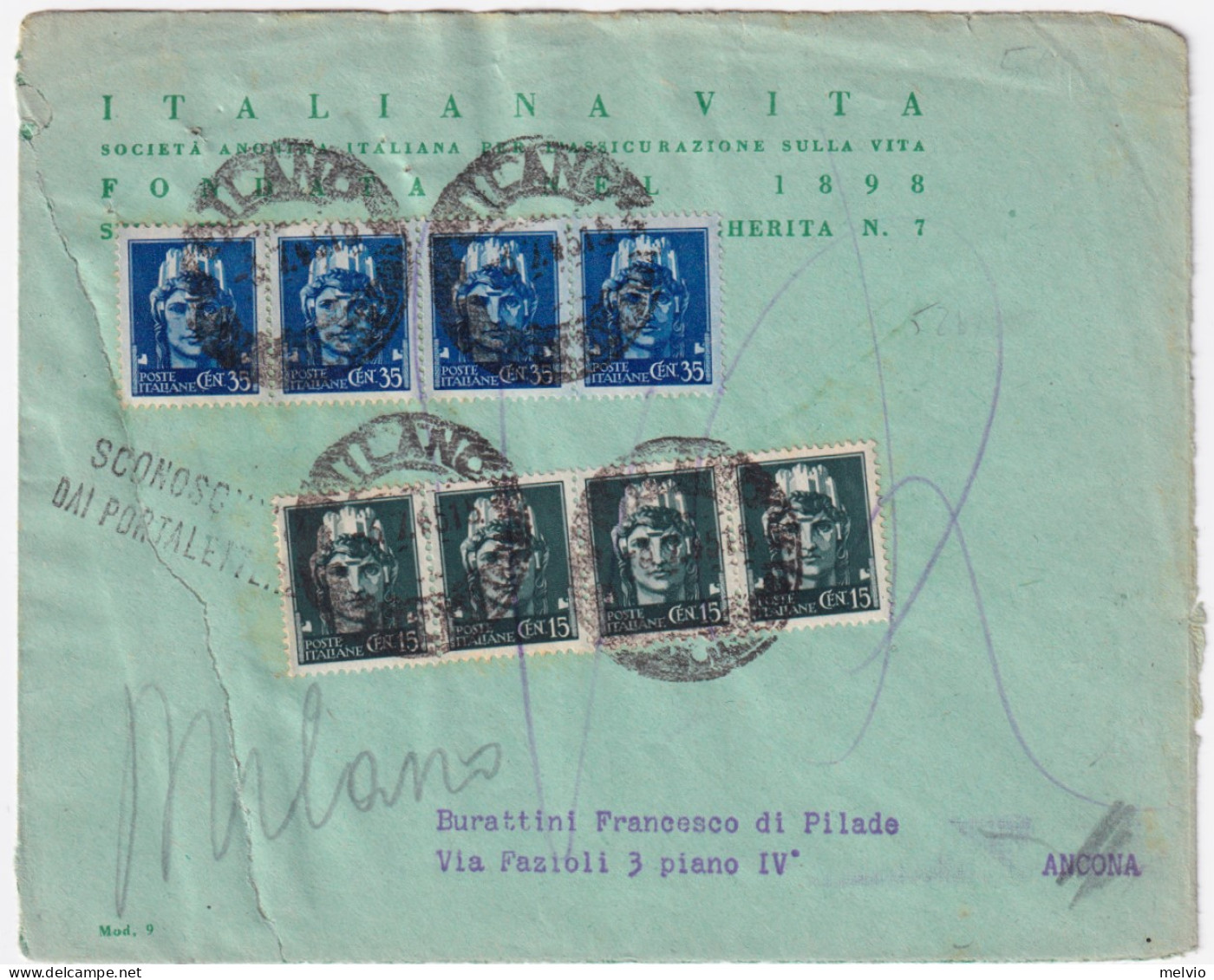 1945-Imperiale Senza Filigrana Strisce Di Quattro C.15 E C.35 (526/7) Su Busta M - Marcofilía