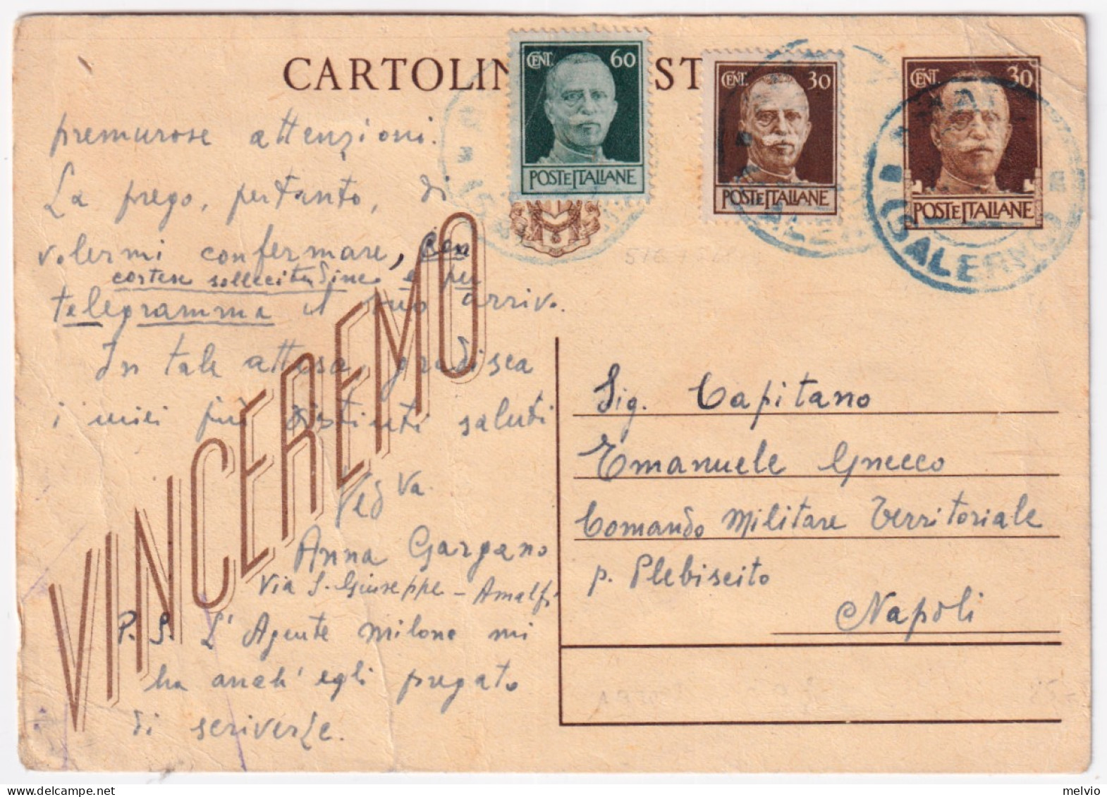 1945-Cartolina Postale Vinceremo C.30 (C98) Con Fr.lli Aggiuni Imperiale Senza F - Marcophilie