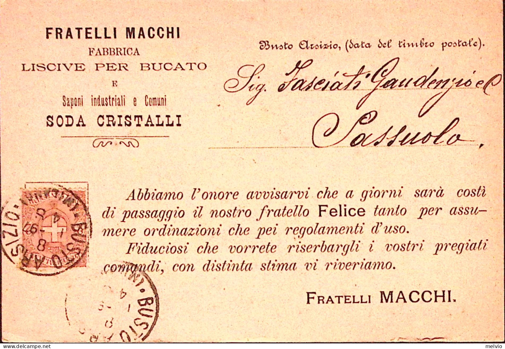 1897-STEMMA C.2 Isolato Su Avviso Di Passaggio Busto Arsizio (8.1) - Storia Postale