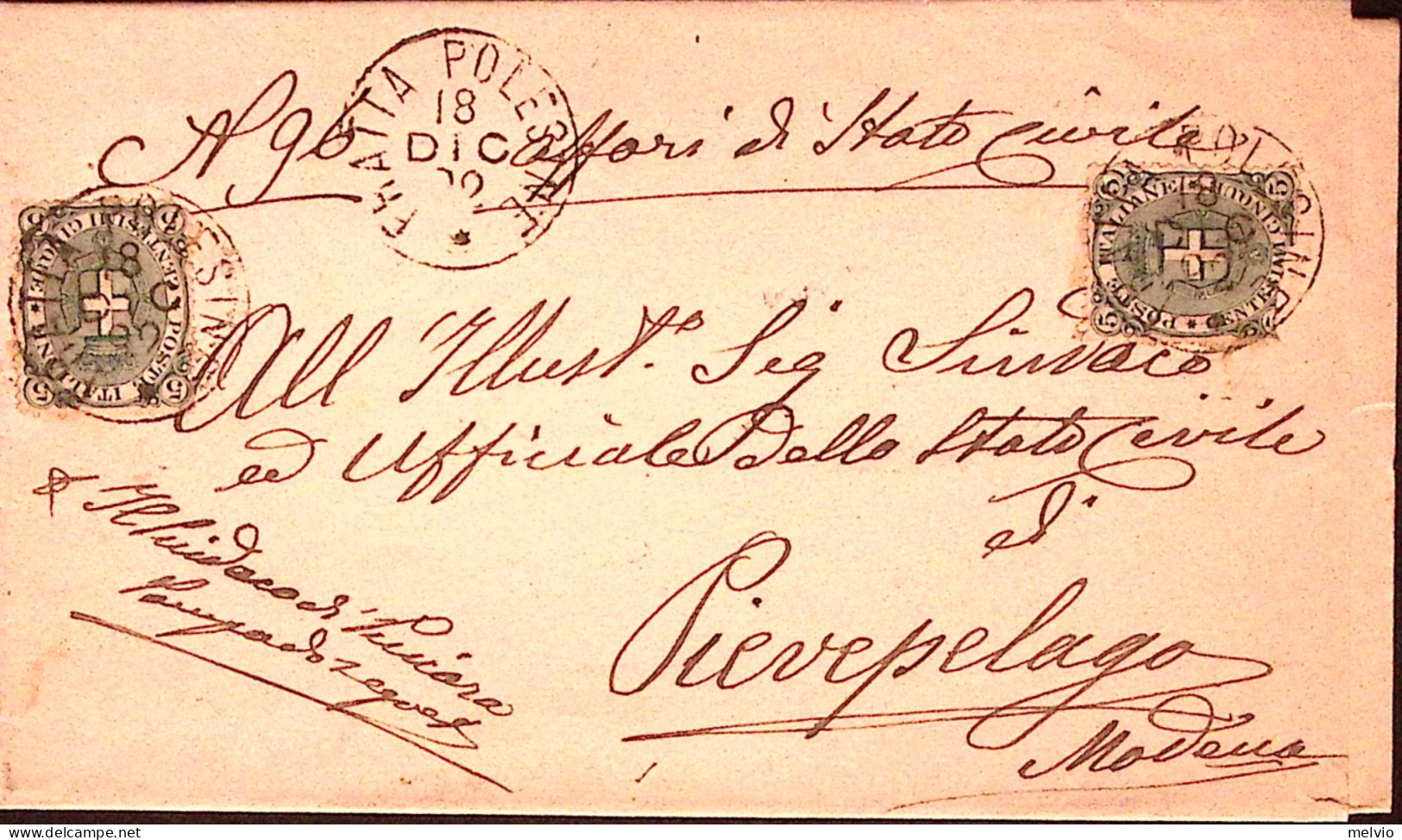 1892-FRATTA POLESINE C1+SBARRE C1 (18.12) Su Sopracoperta Affrancata Stemmi Due  - Storia Postale