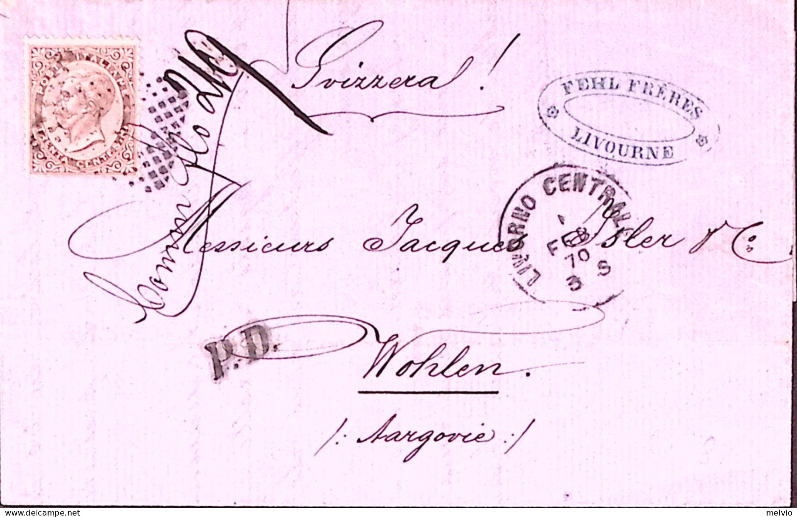 1870-effigie C.30 Isolato Su Lettera Completa Di Testo Livorno (1.) Per La Svizz - Marcofilie