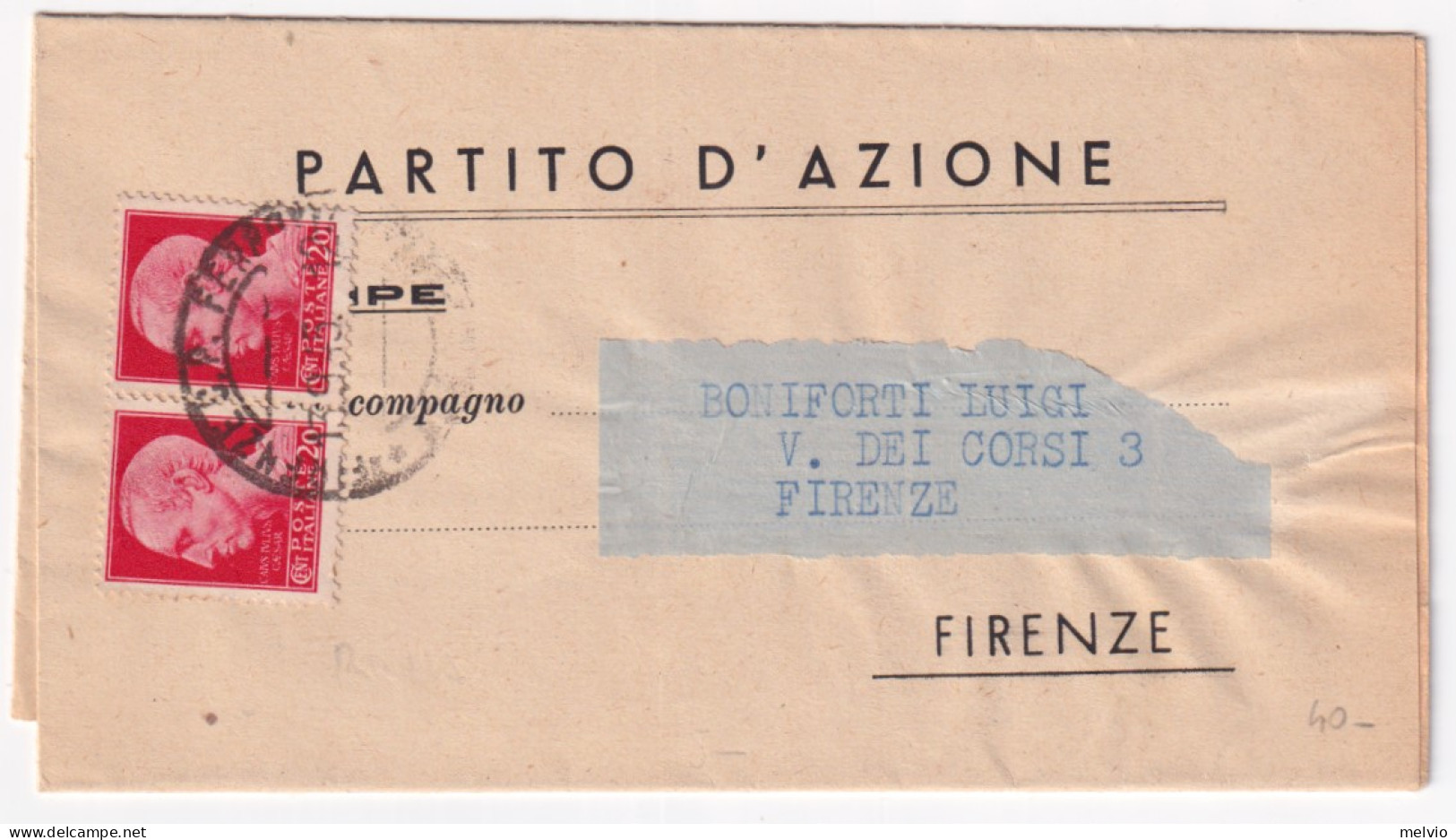 1945-Imperiale Senza Fasci Coppia C.20 (529) Su Stampe Firenze (13.9) - Marcofilía