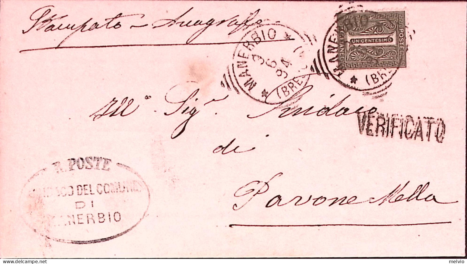 1894-MANERBIO/(BRESCIA) Tondo Riquadrato (9.6) Su Piego Affrancato Cifra C.1 - Storia Postale