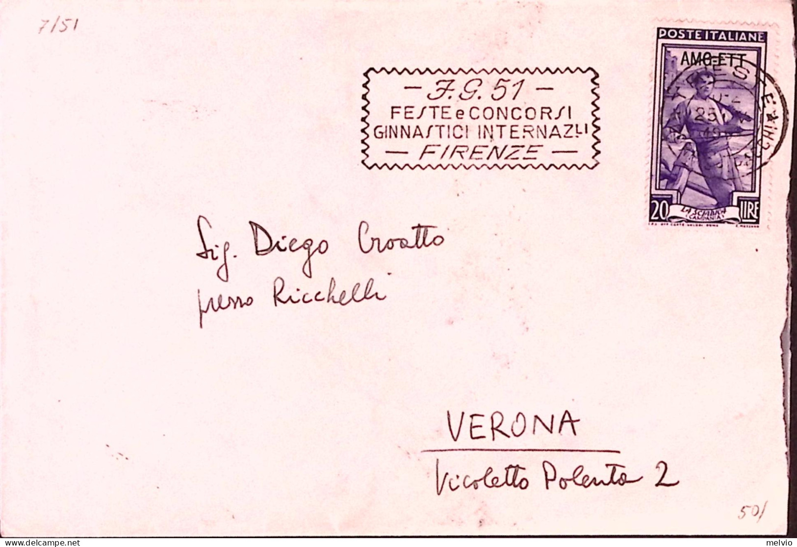 1951-AMG-FTT Targhetta CONCORSI GINNICI INTERN FIRENZE (25.4) - Poststempel