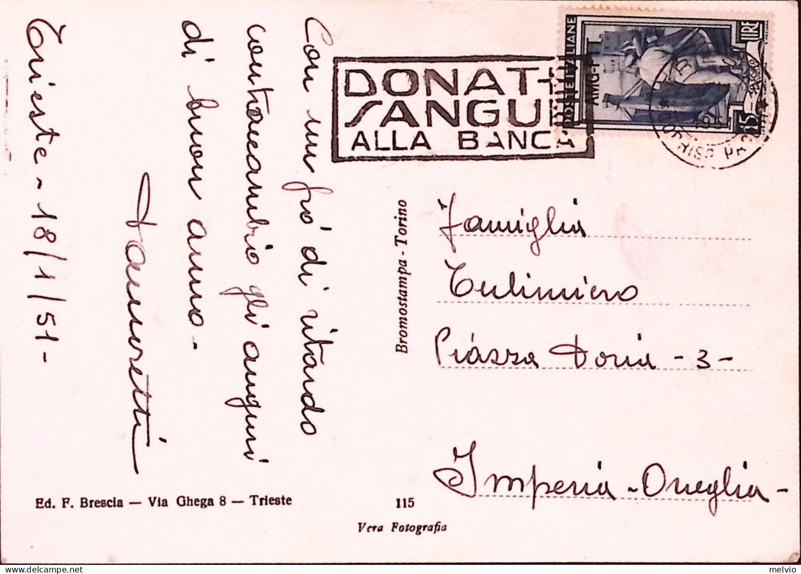 1951-TRIESTE AMG-FTT Targhetta DONATE SANGUE ALLA BANCA (18.1) - Trieste (Triest)